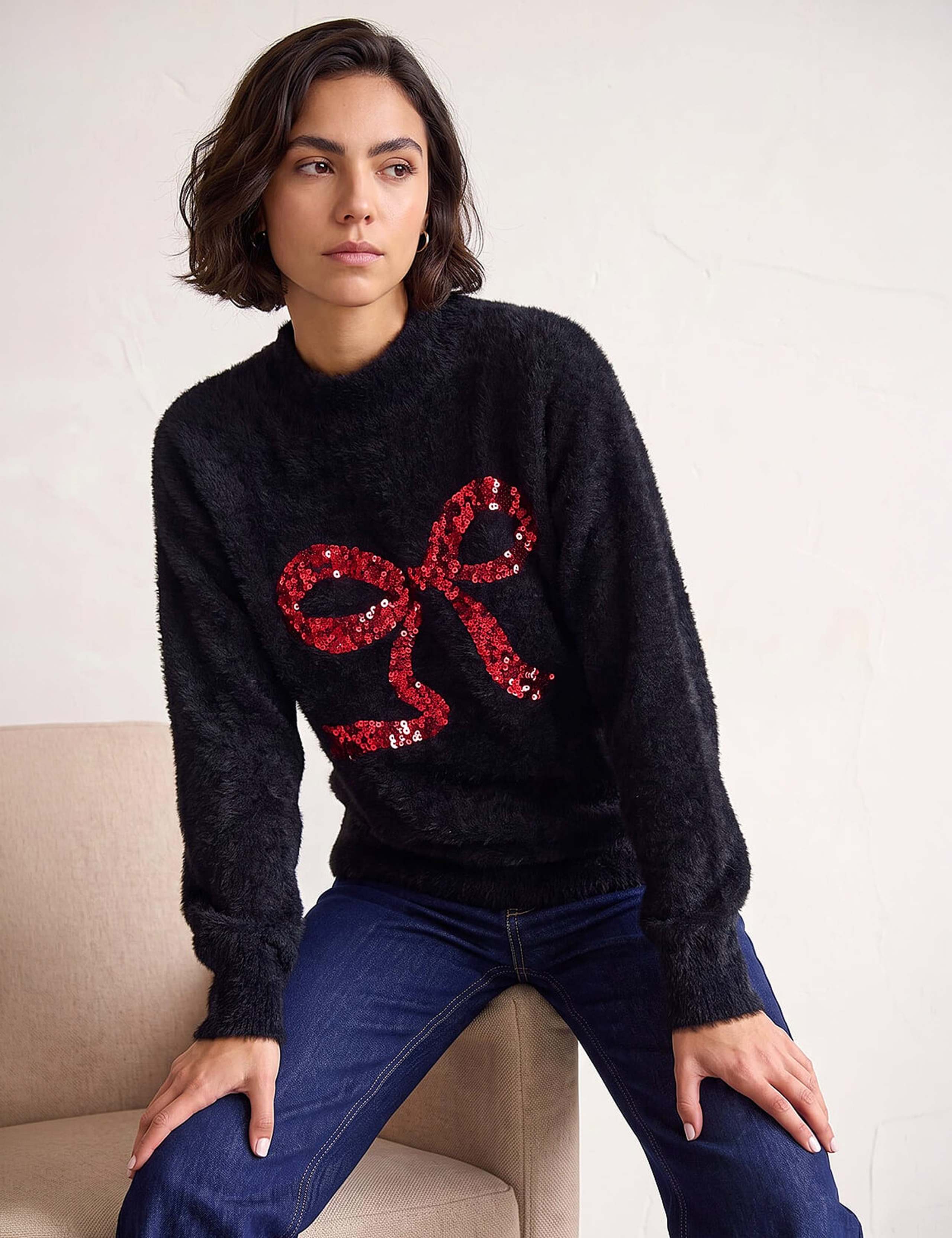 Sequin Funnel Neck Bow Detail Jumper 1 of 4