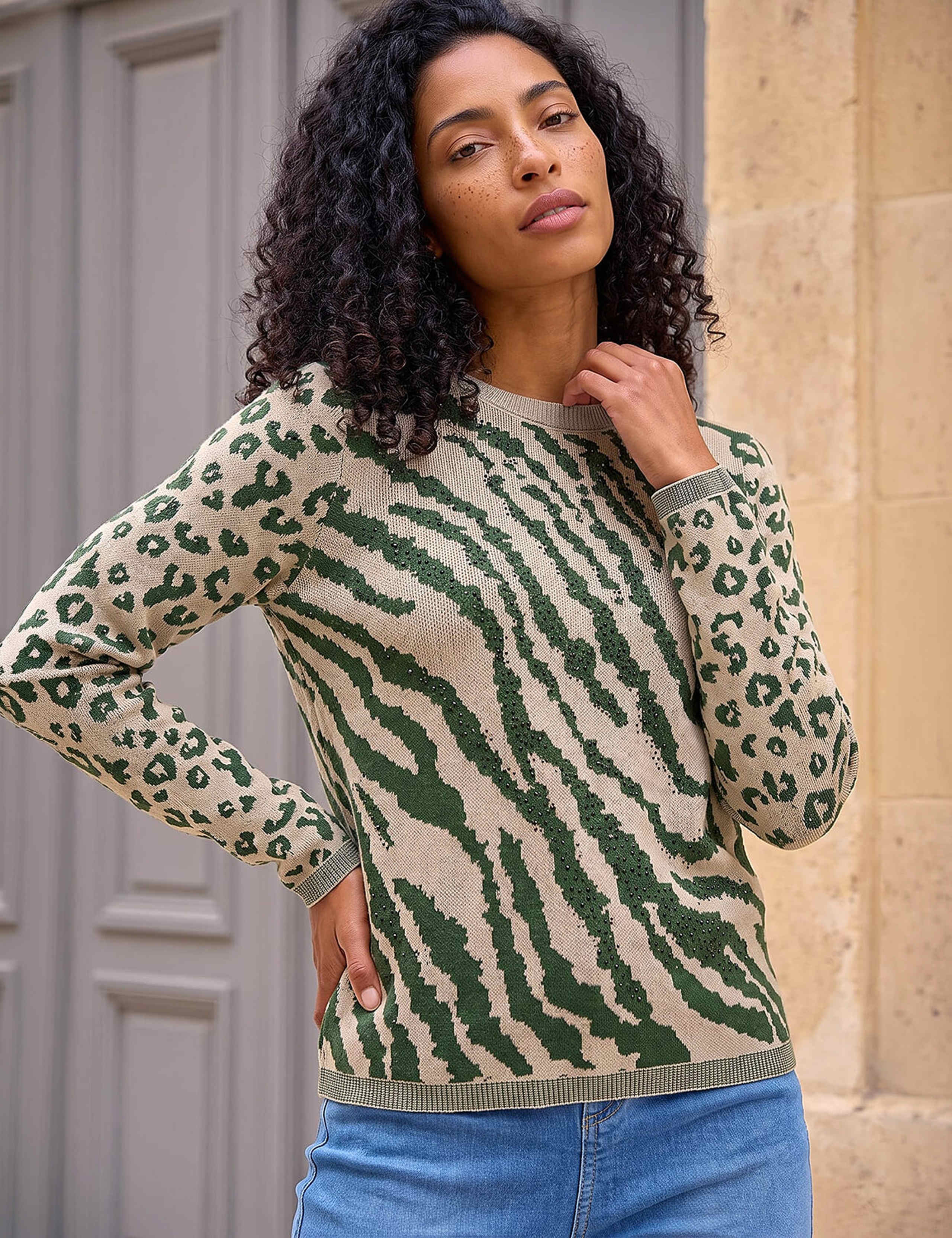 Rayon Rich Embellished Animal Print Crew Neck Jumper 3 of 4