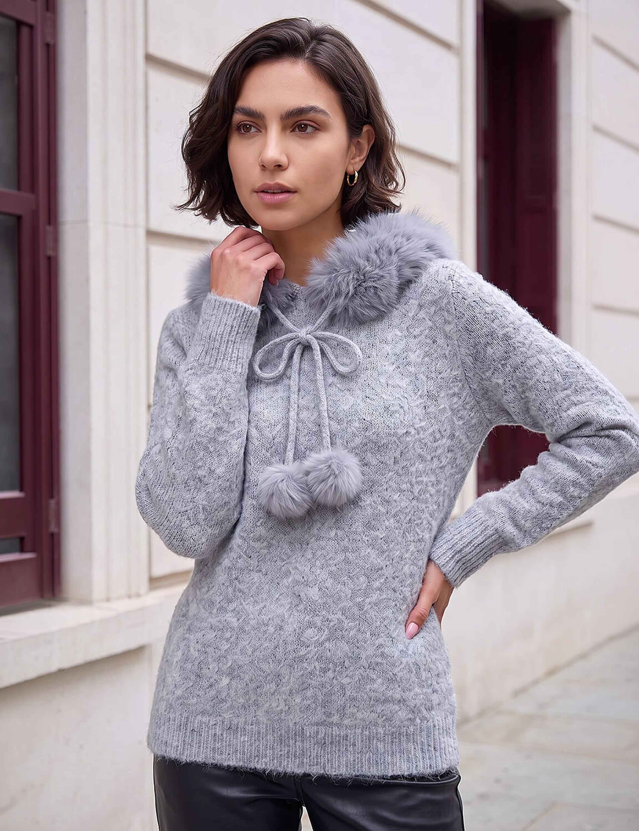 Faux Fur Hooded Neck Jumper With Wool 3 of 3