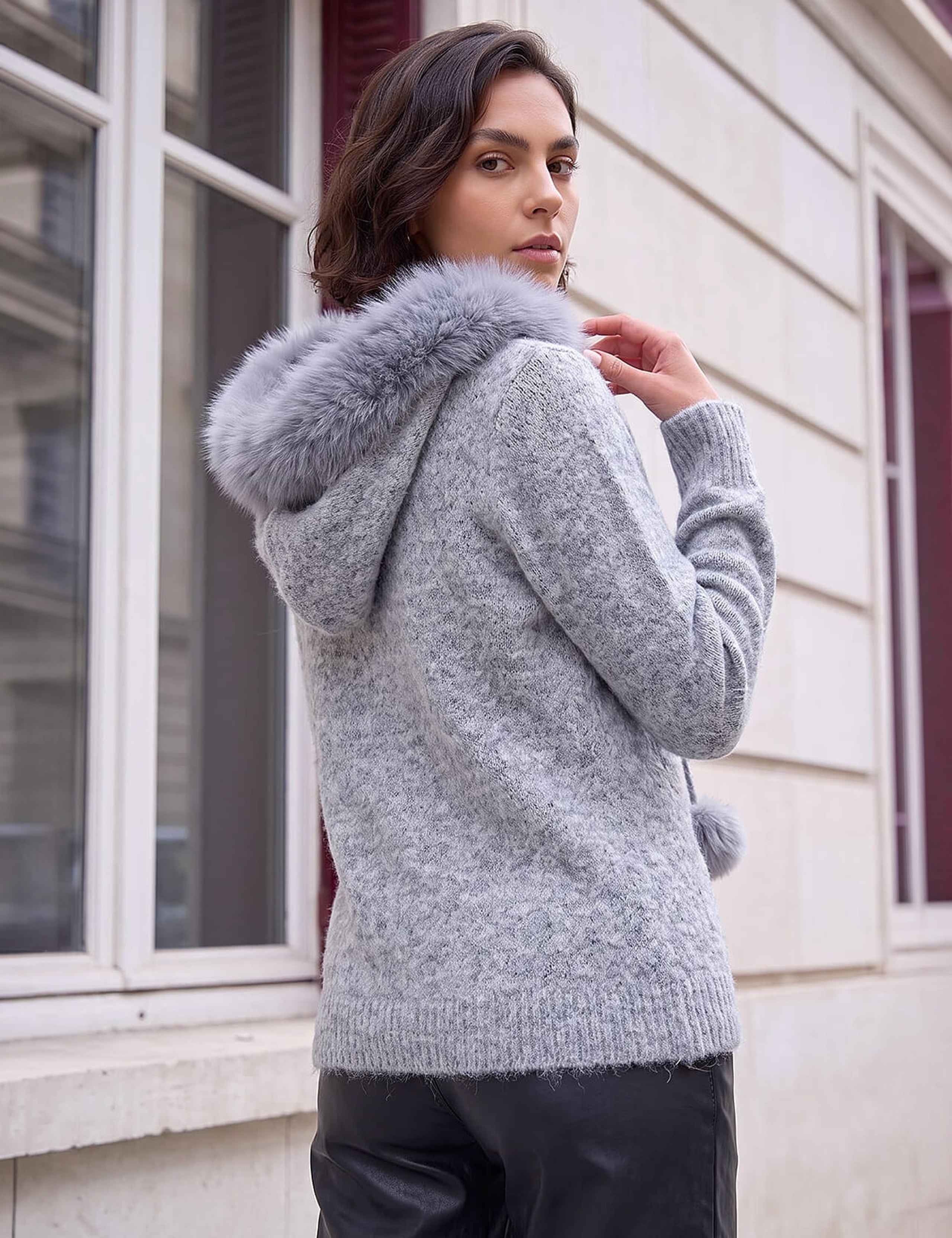 Faux Fur Hooded Neck Jumper With Wool 2 of 3