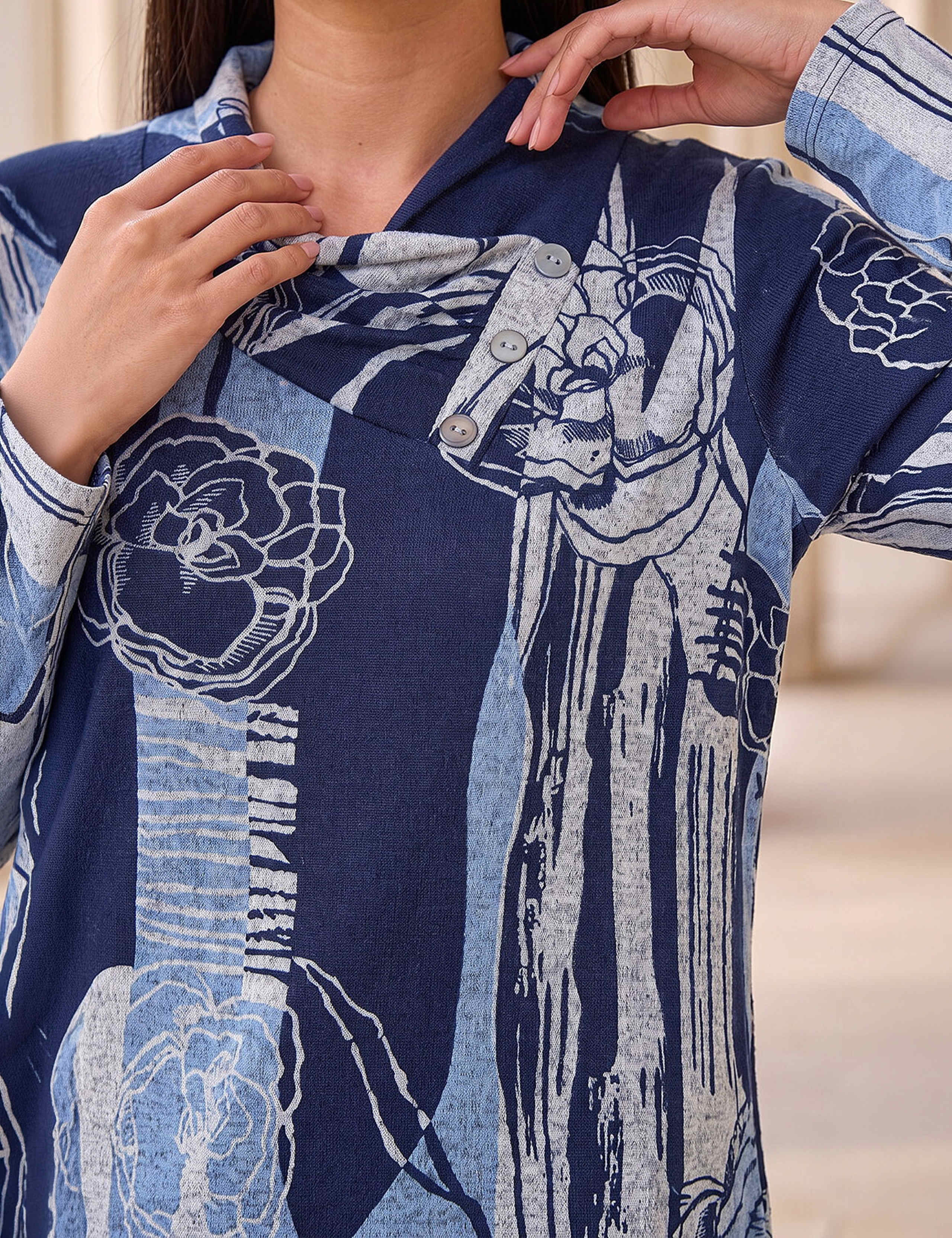 Abstract Print Collared Button Top 3 of 4