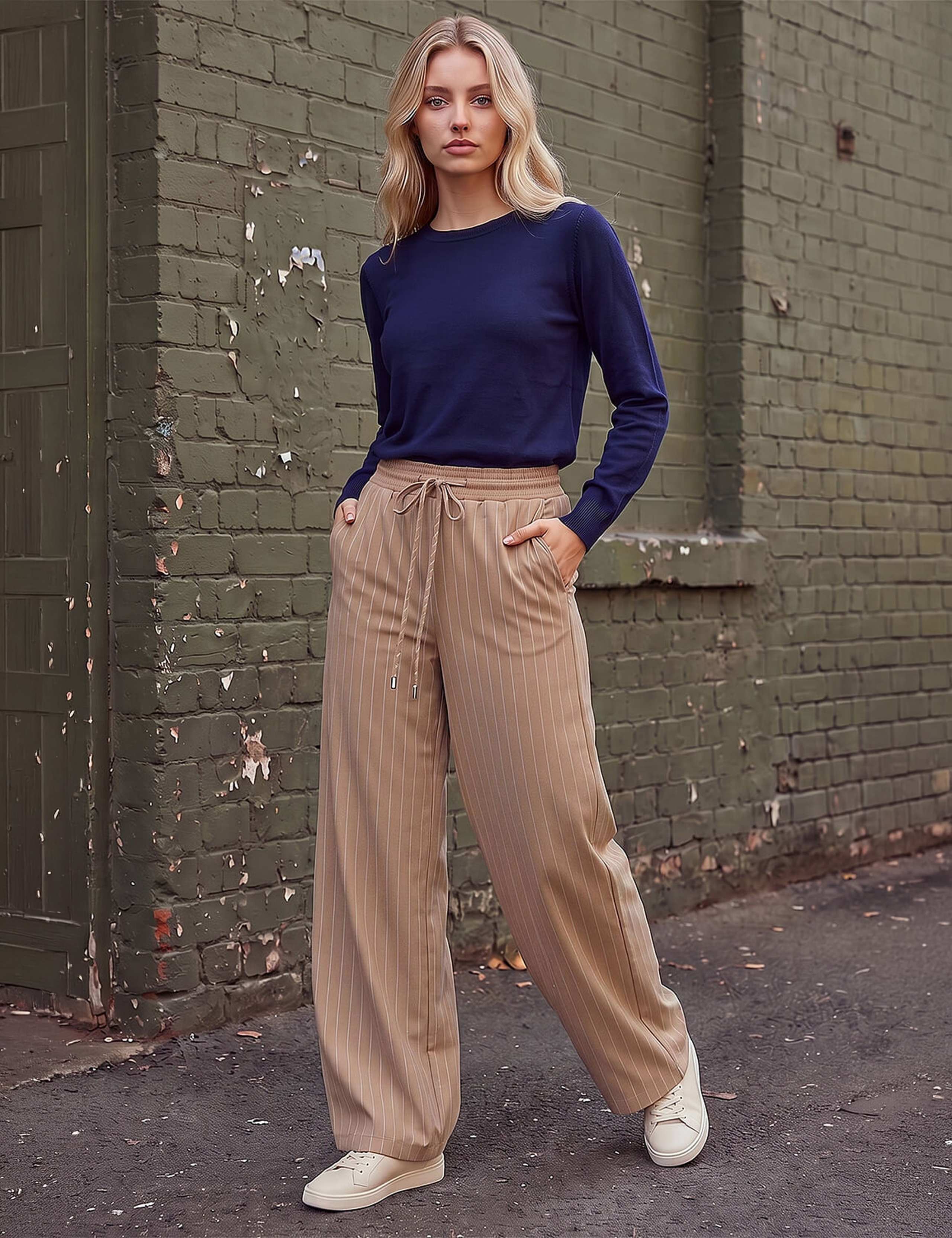 Petite Ponte Striped Drawstring Wide Leg Trousers 2 of 4