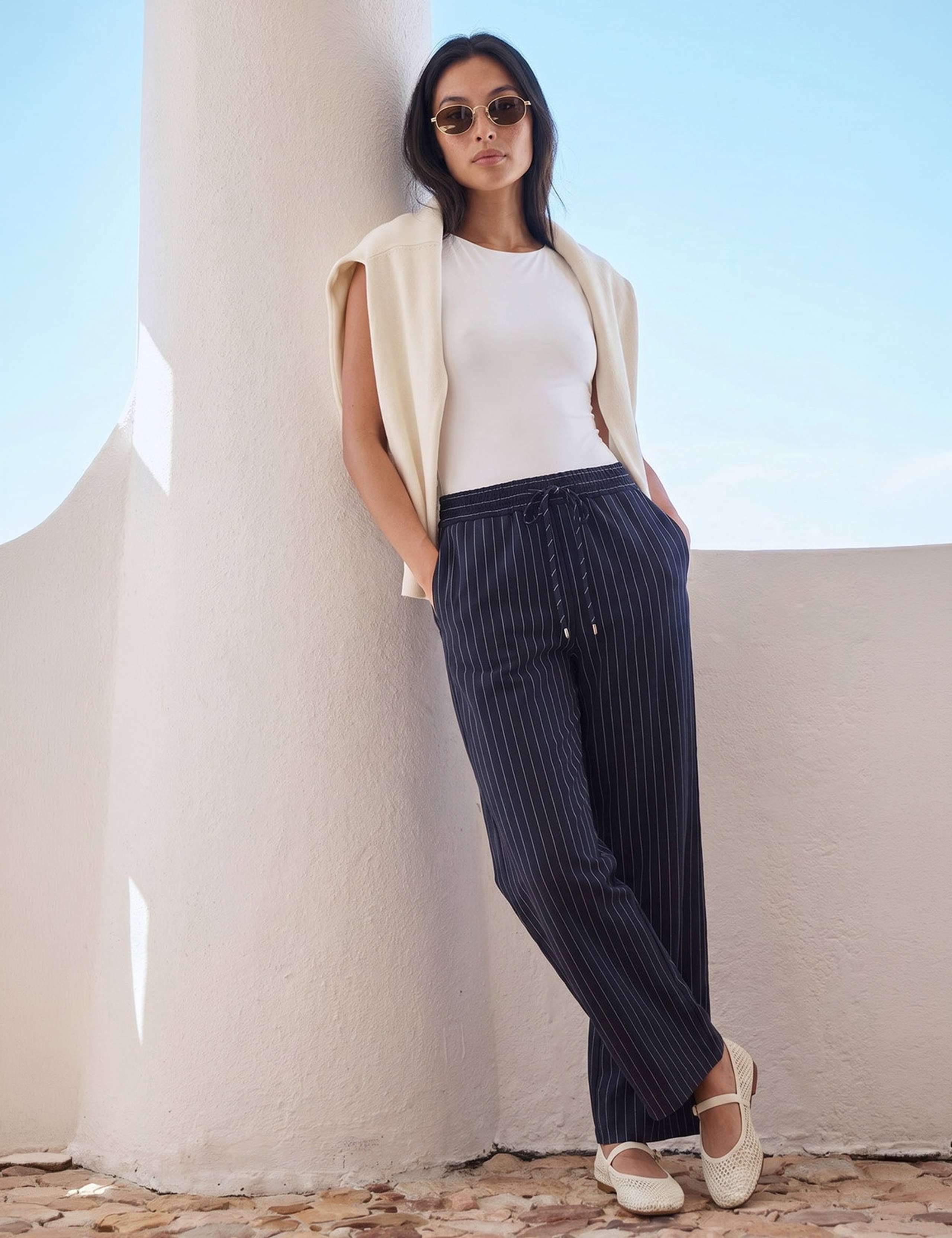 Petite Ponte Striped Drawstring Wide Leg Trousers 2 of 4