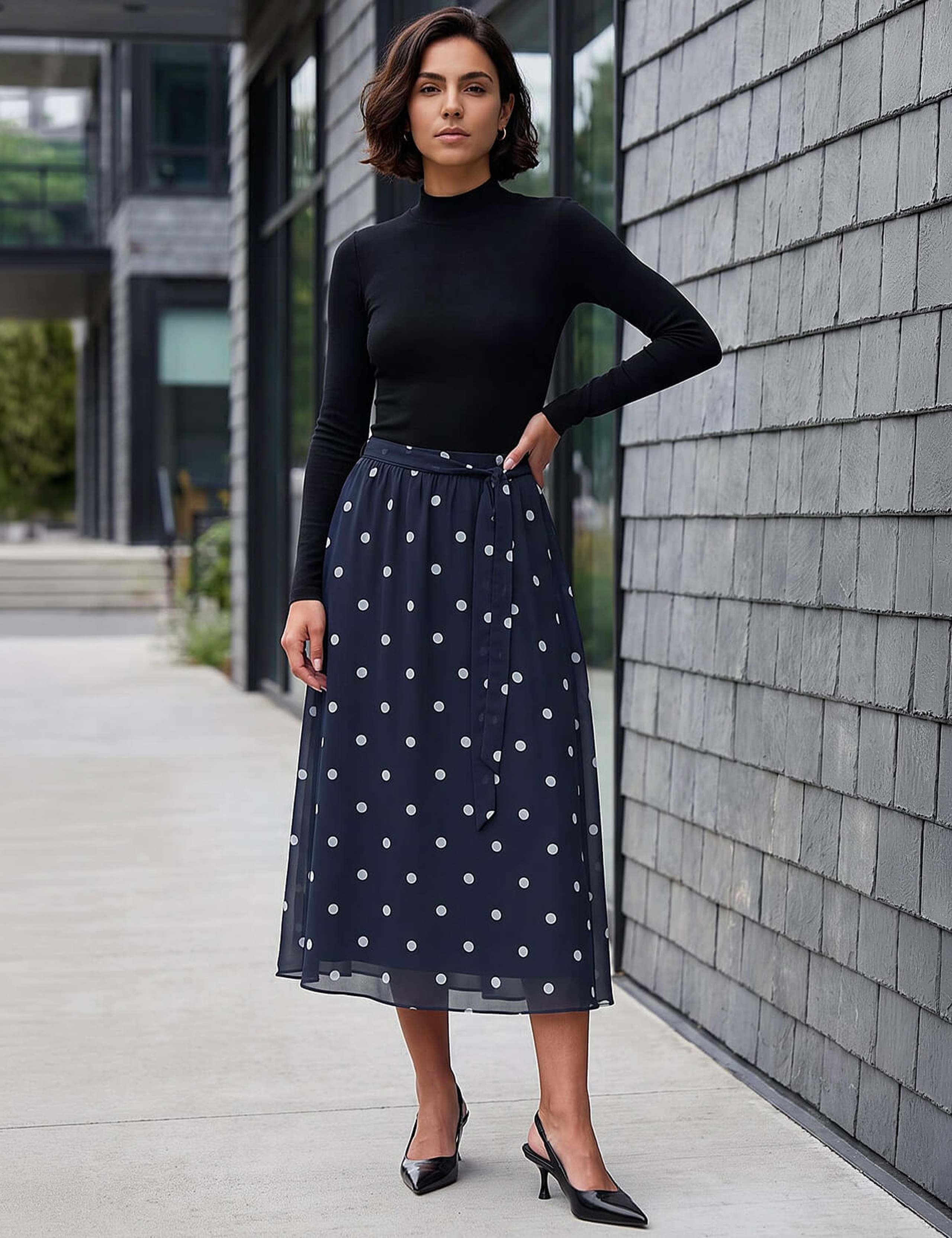 Polka Dot Belted A-Line Skirt 3 of 4