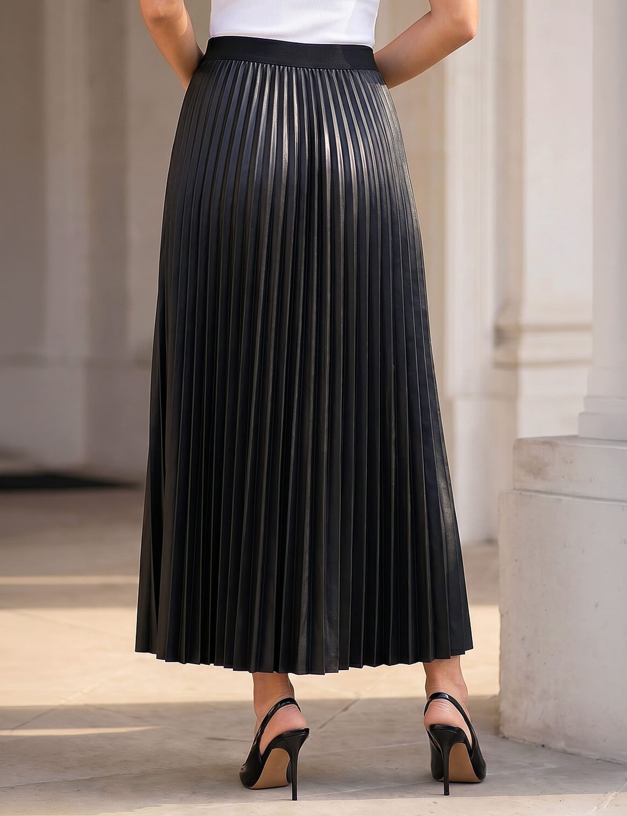 Leather Look Pleated Knee Length Skirt 2 of 4