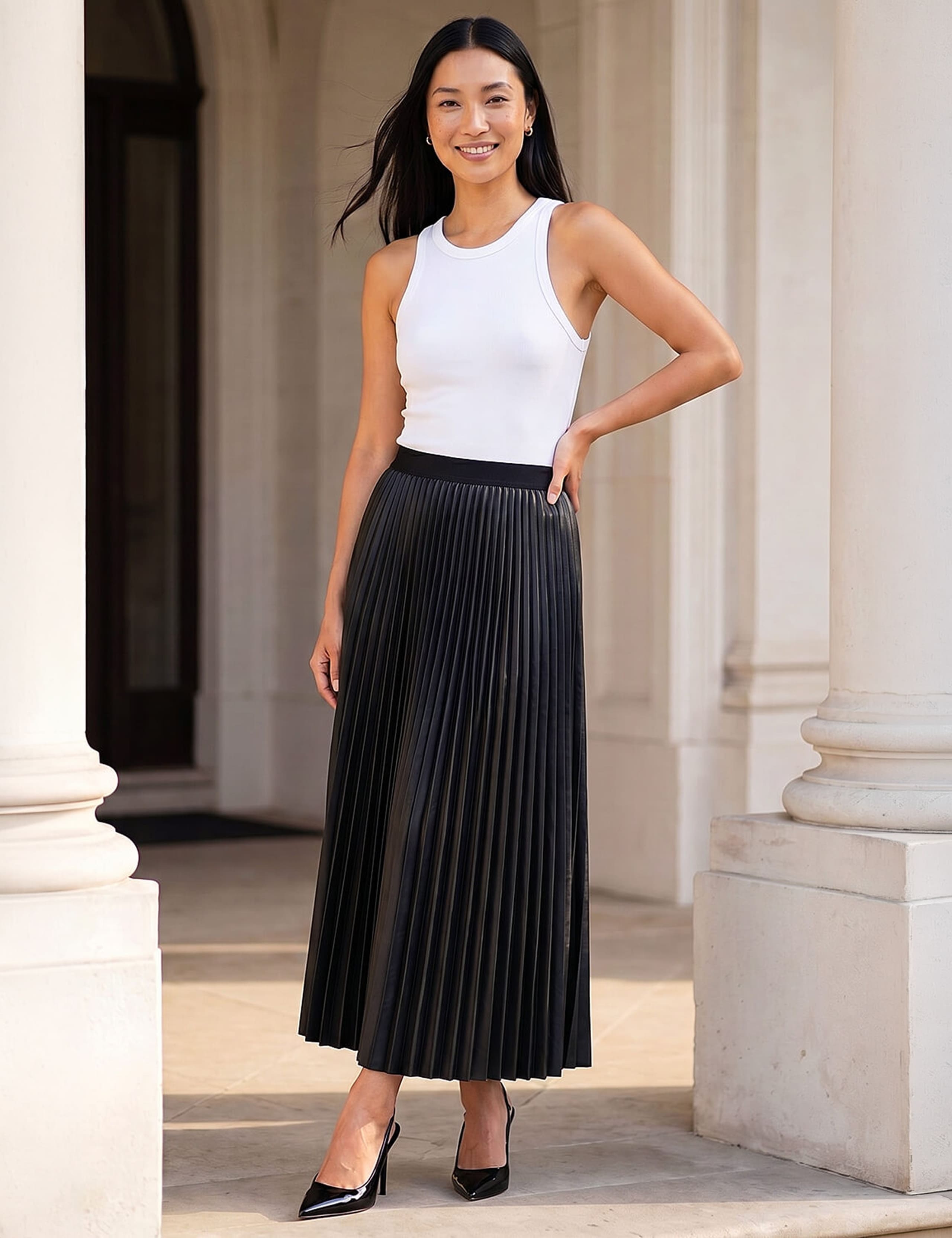 Leather Look Pleated Knee Length Skirt 3 of 4