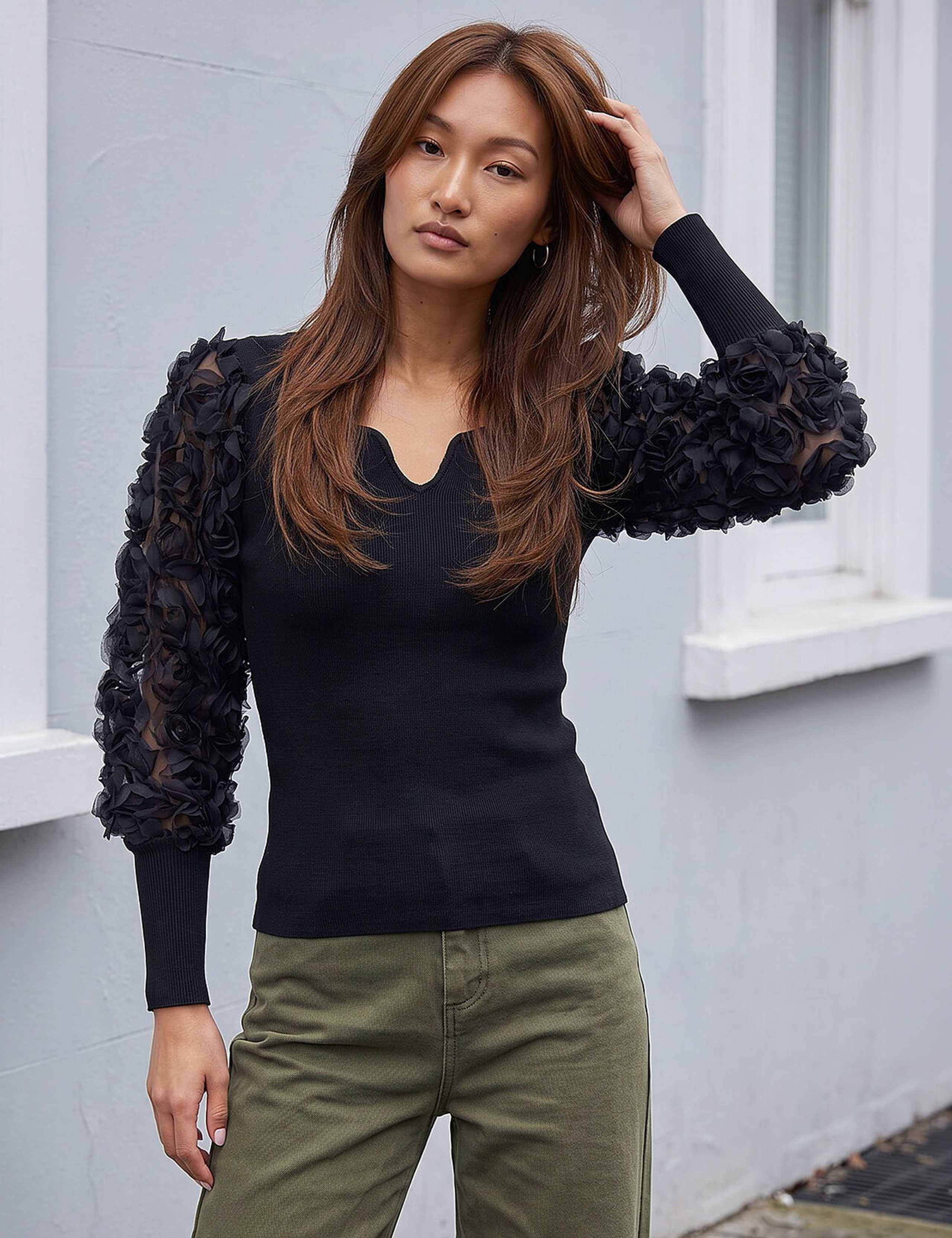 Lace Sleeve V Neck Knitted Top 1 of 4