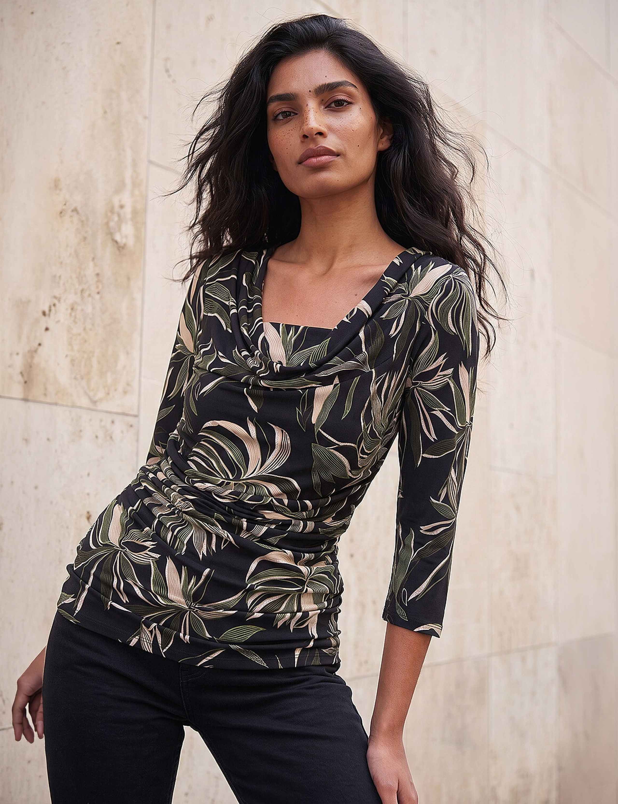 Leaf Print Gathered Cowl Neck Top 1 of 4