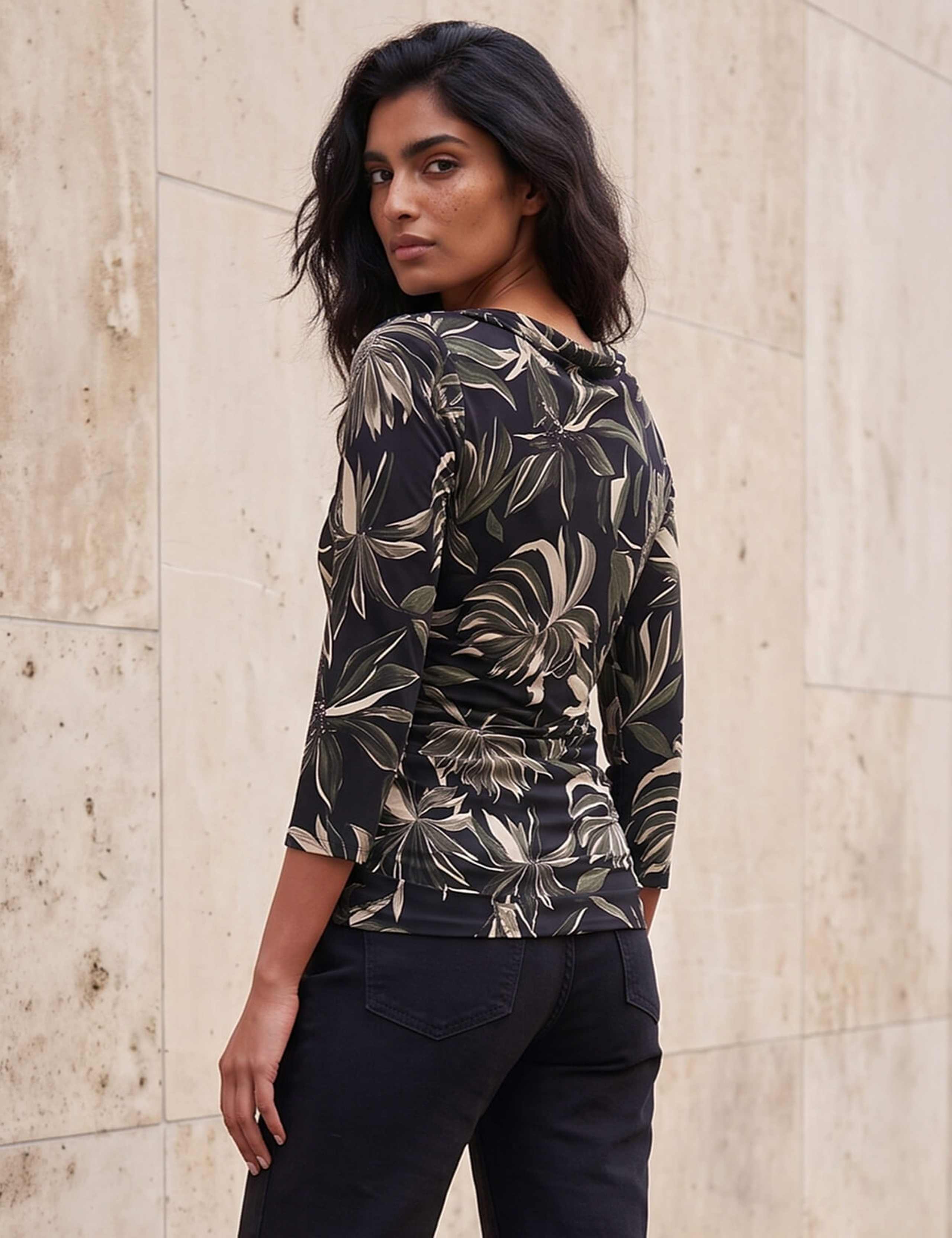 Leaf Print Gathered Cowl Neck Top 3 of 4
