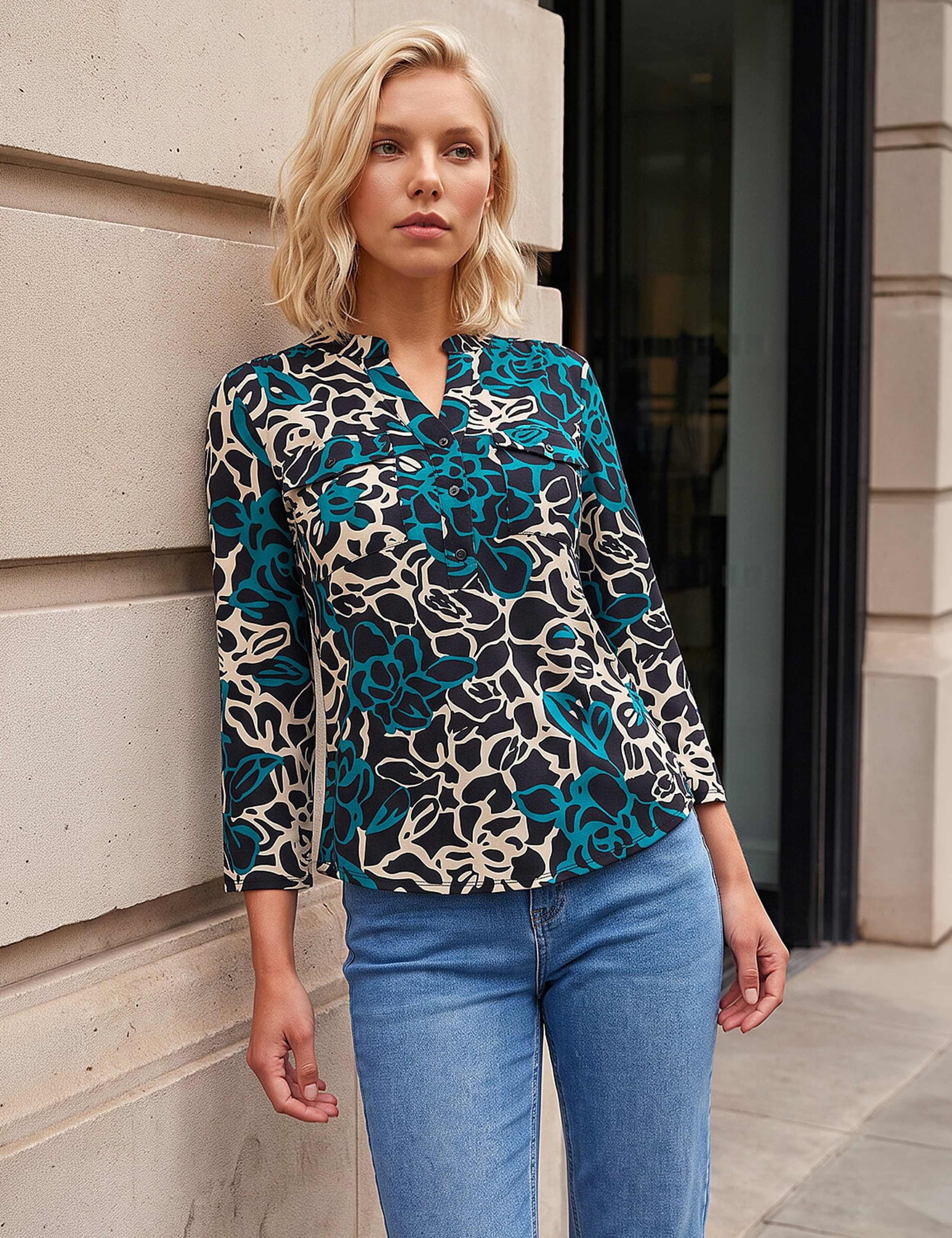Petite Abstract Print Button Top 3 of 4