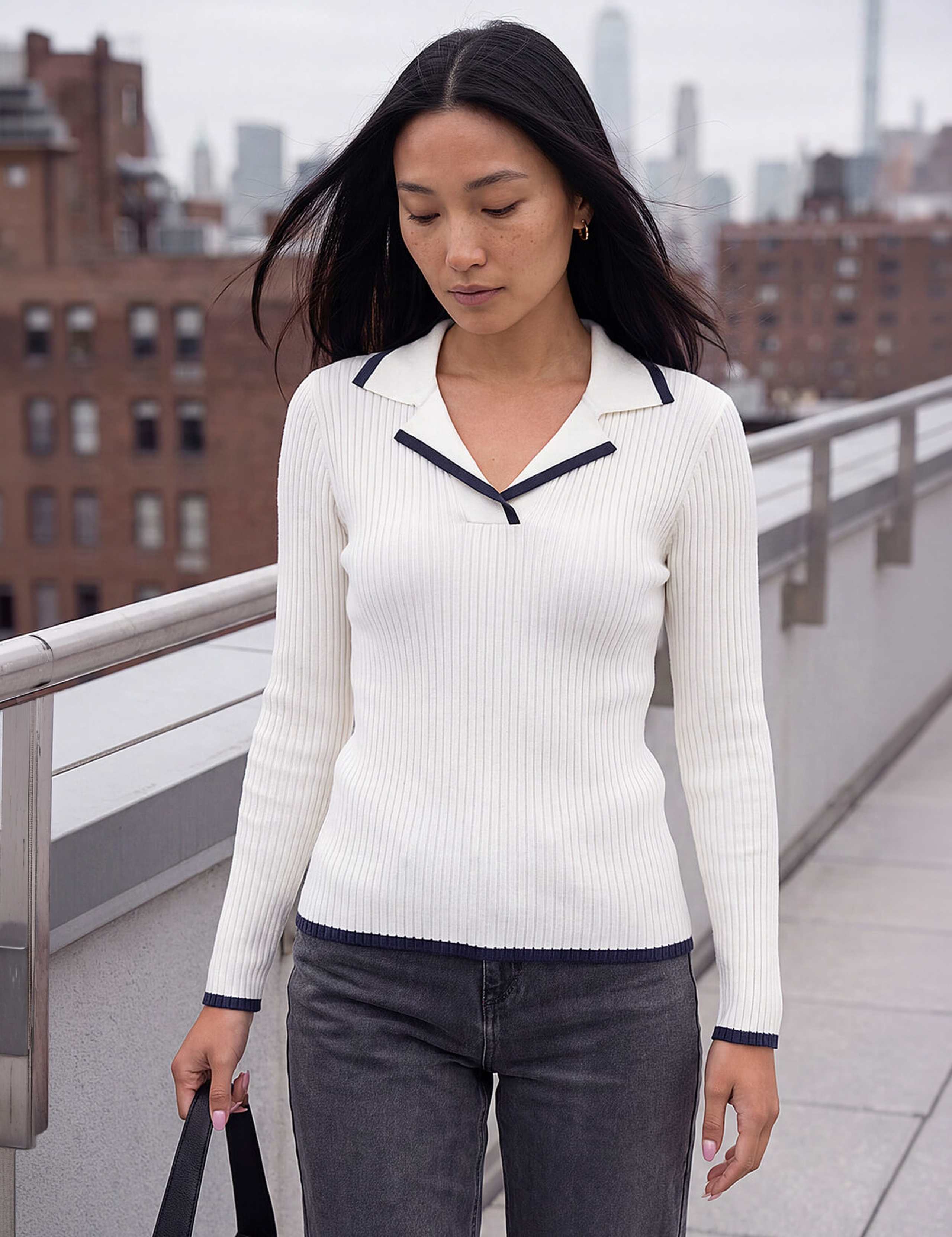 Tipped Detail Ribbed Henley Top 1 of 4