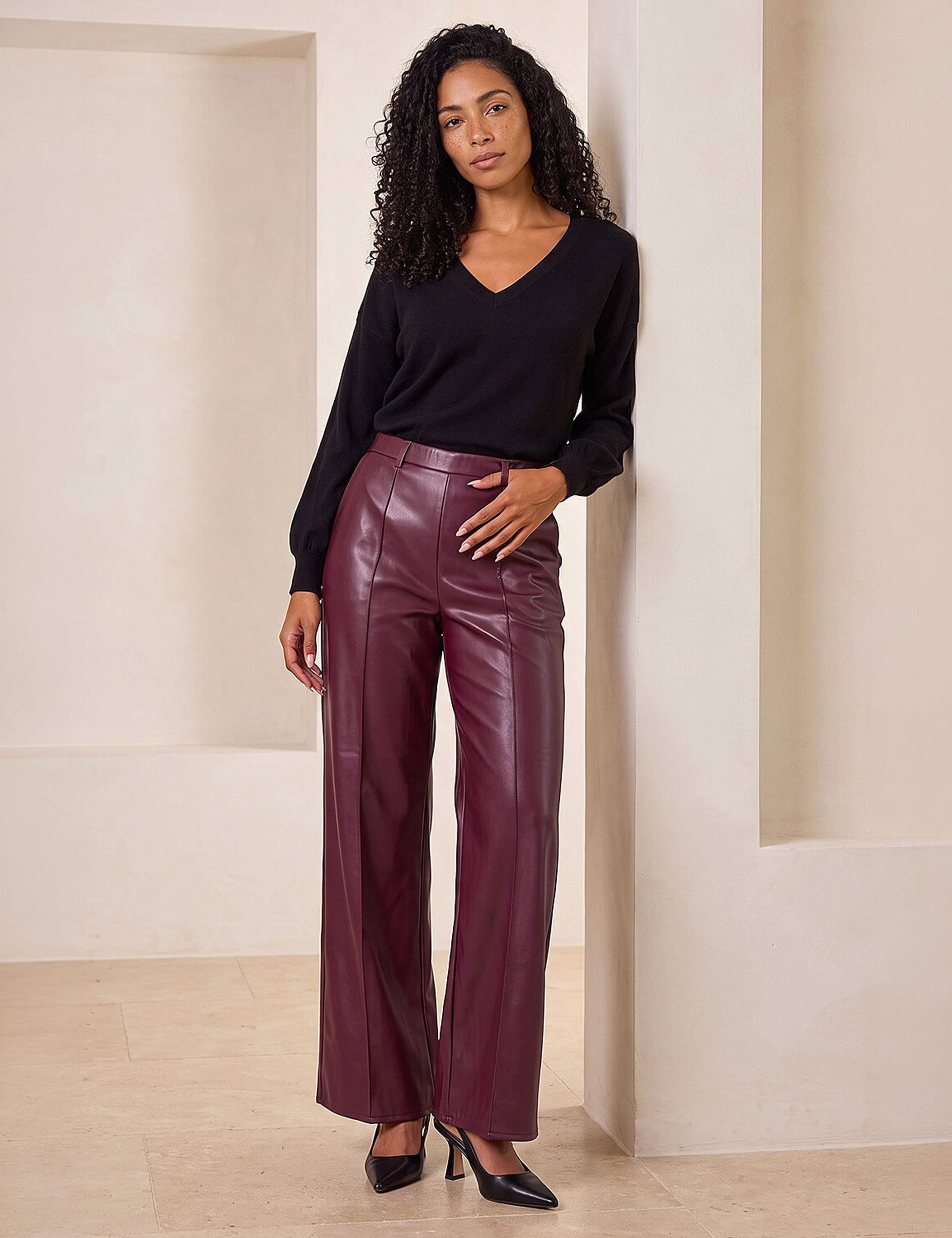 Leather Look Pintuck Pull On Wide Leg Trousers 2 of 4