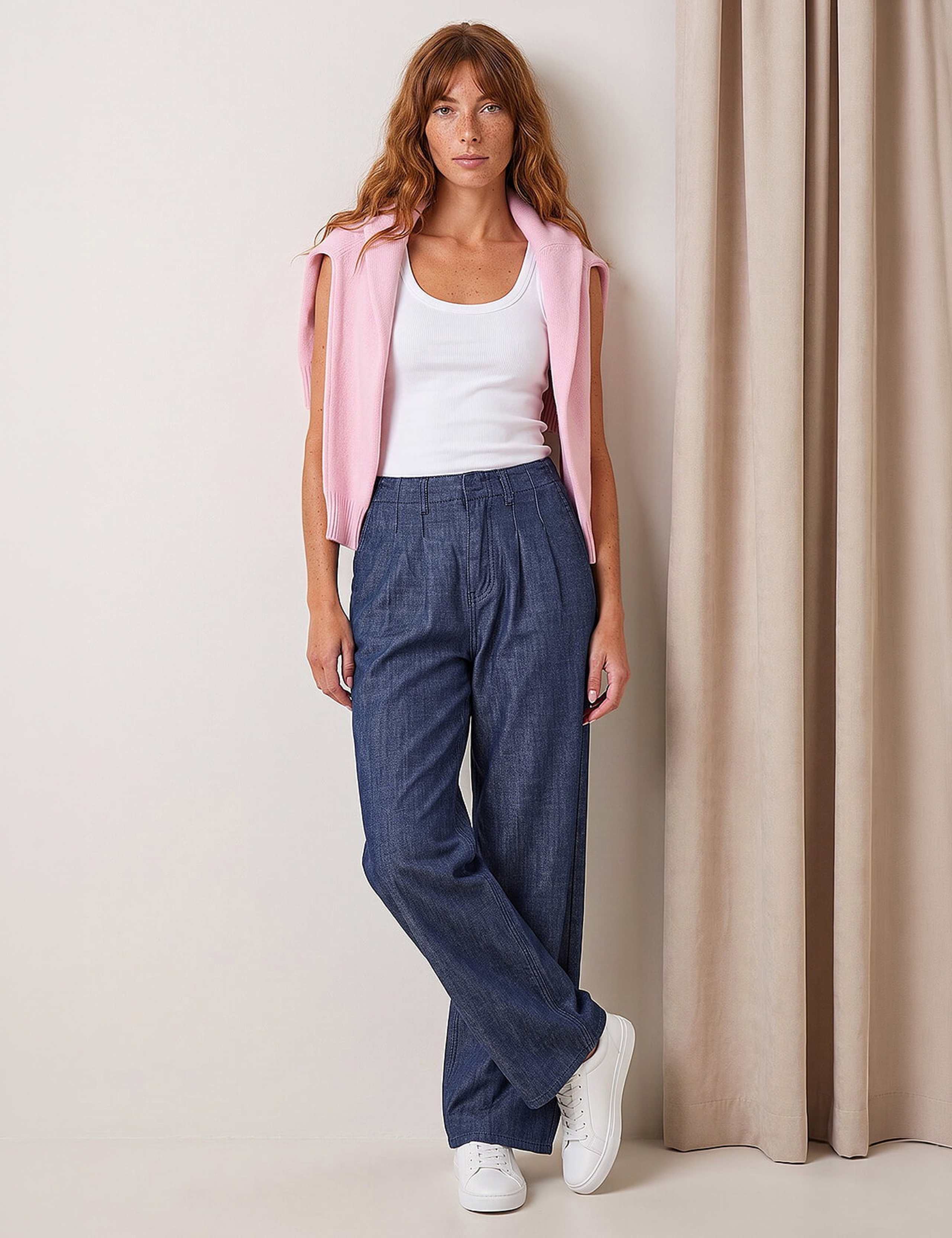 Cotton Rich Pleated Wide Leg Jeans 1 of 4