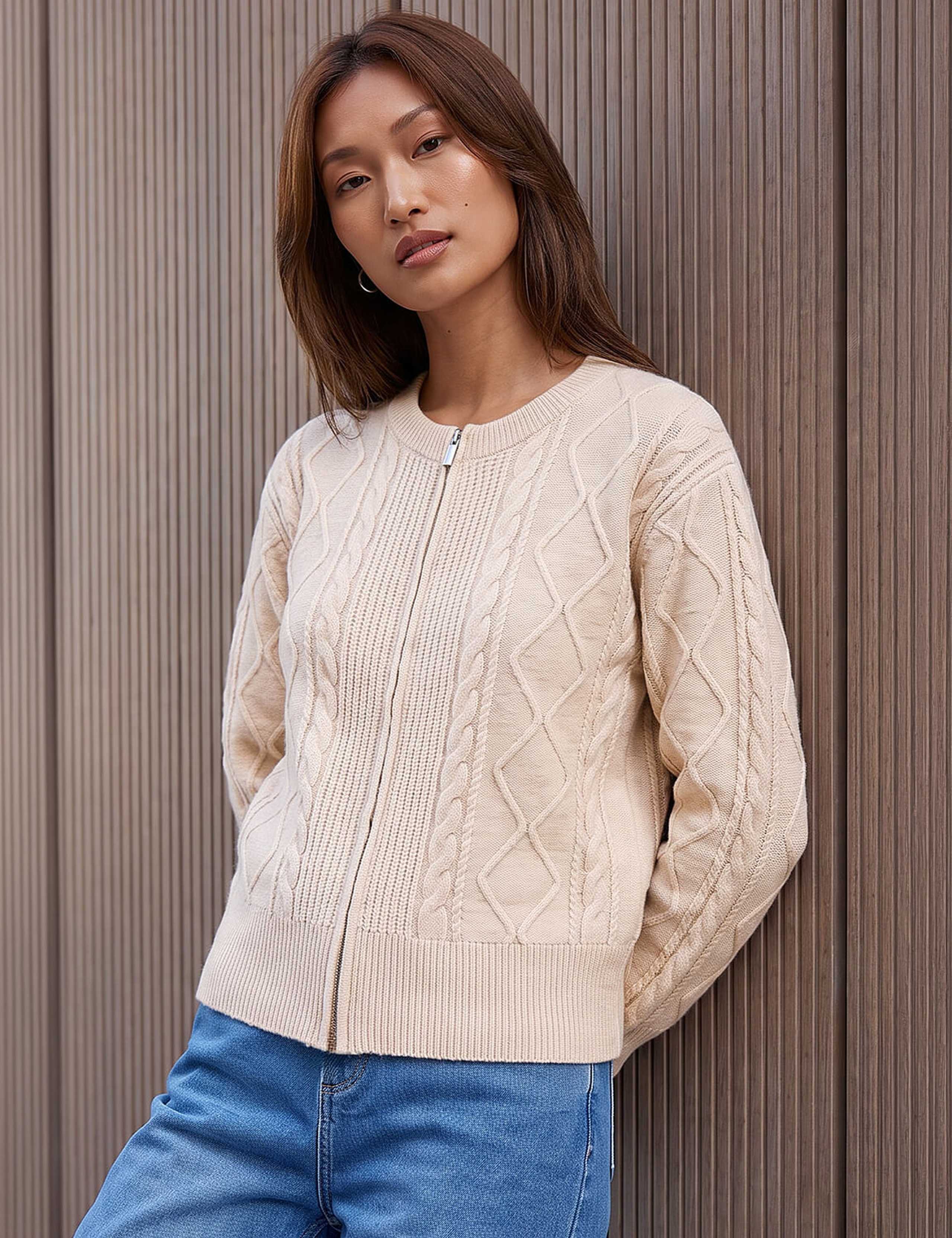 Knitted Cable Cropped Bomber Jacket 1 of 4