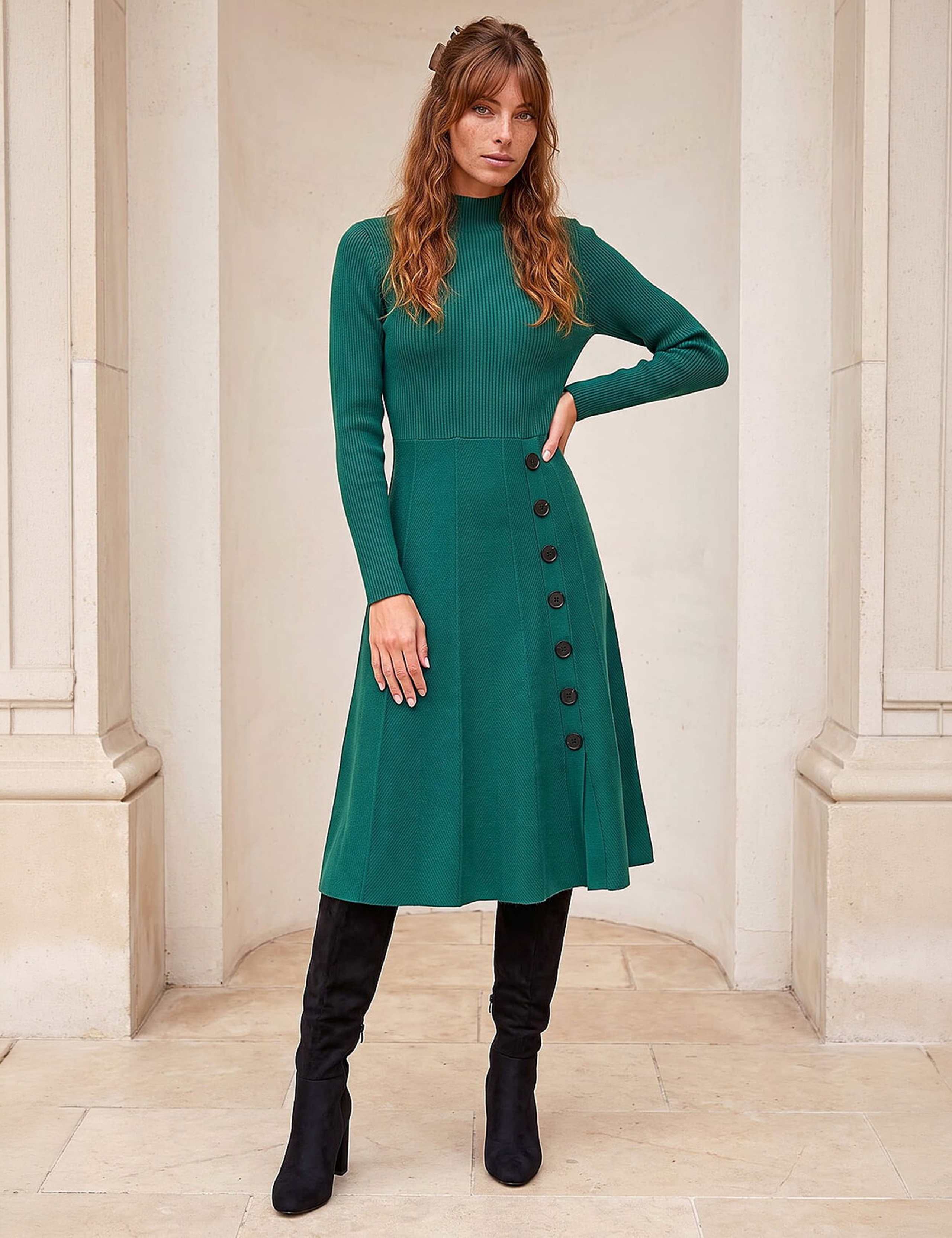 Knitted High Neck Button Detail Knee Length Swing Dress 2 of 4