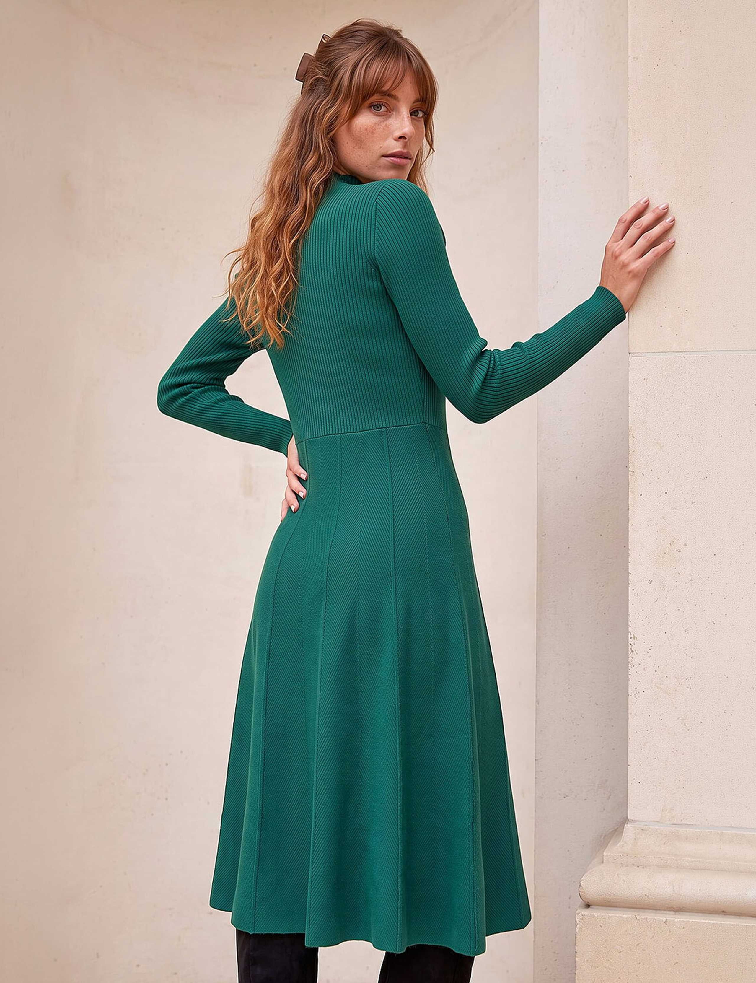 Knitted High Neck Button Detail Knee Length Swing Dress 3 of 4