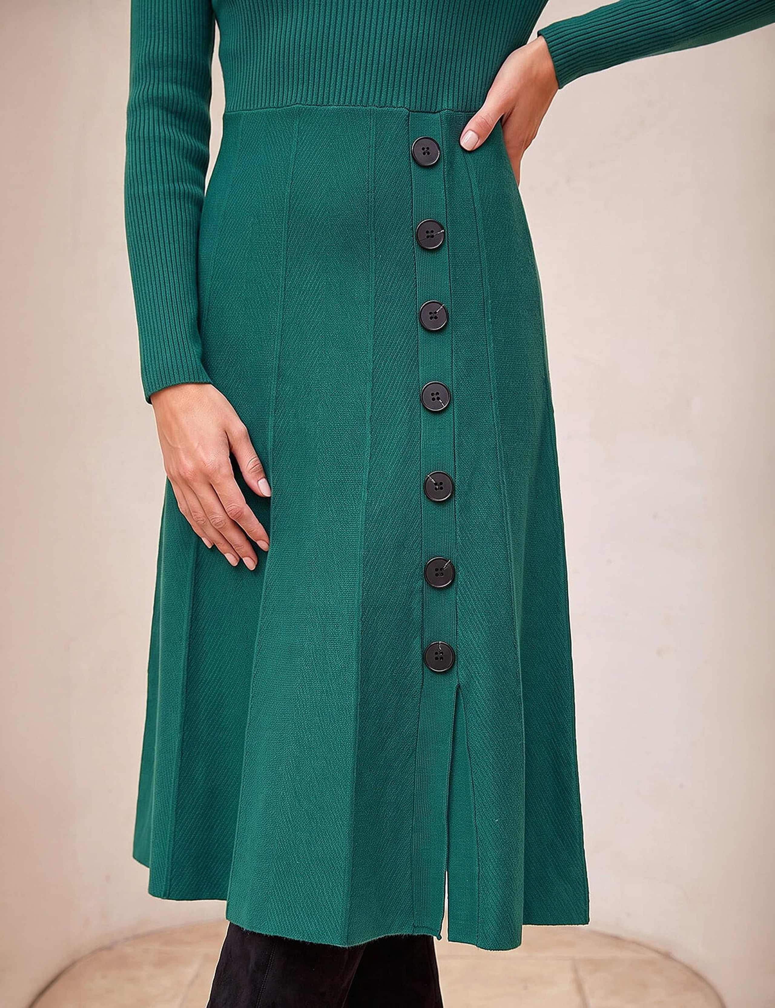 Knitted High Neck Button Detail Knee Length Swing Dress 4 of 4