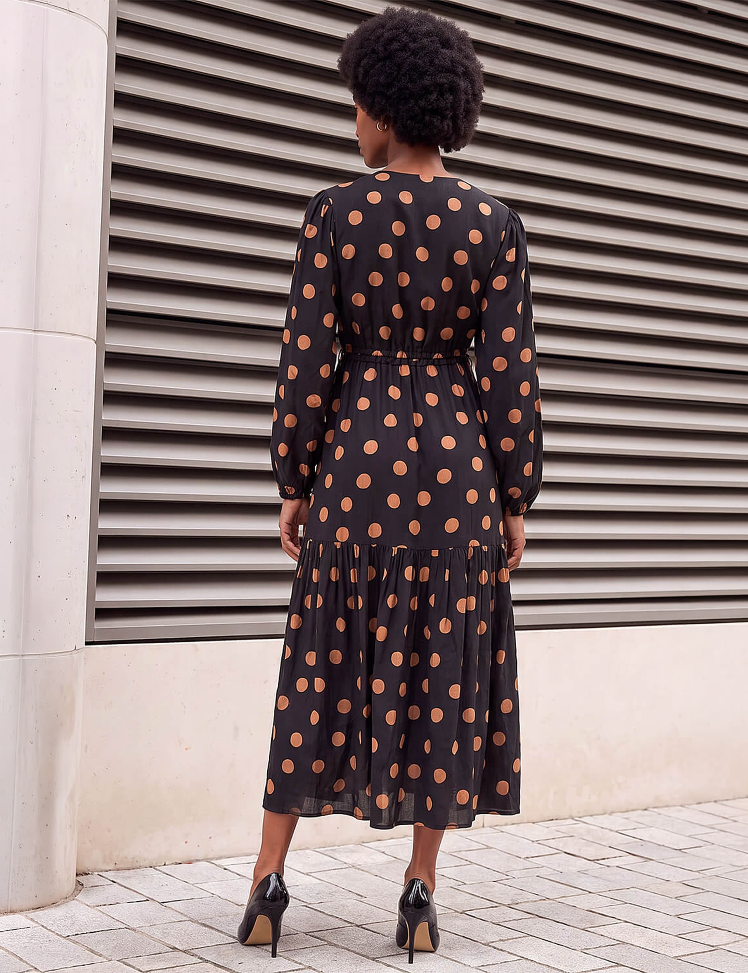 Polka Dot V Neck Tie Waist Midi Dress 2 of 4