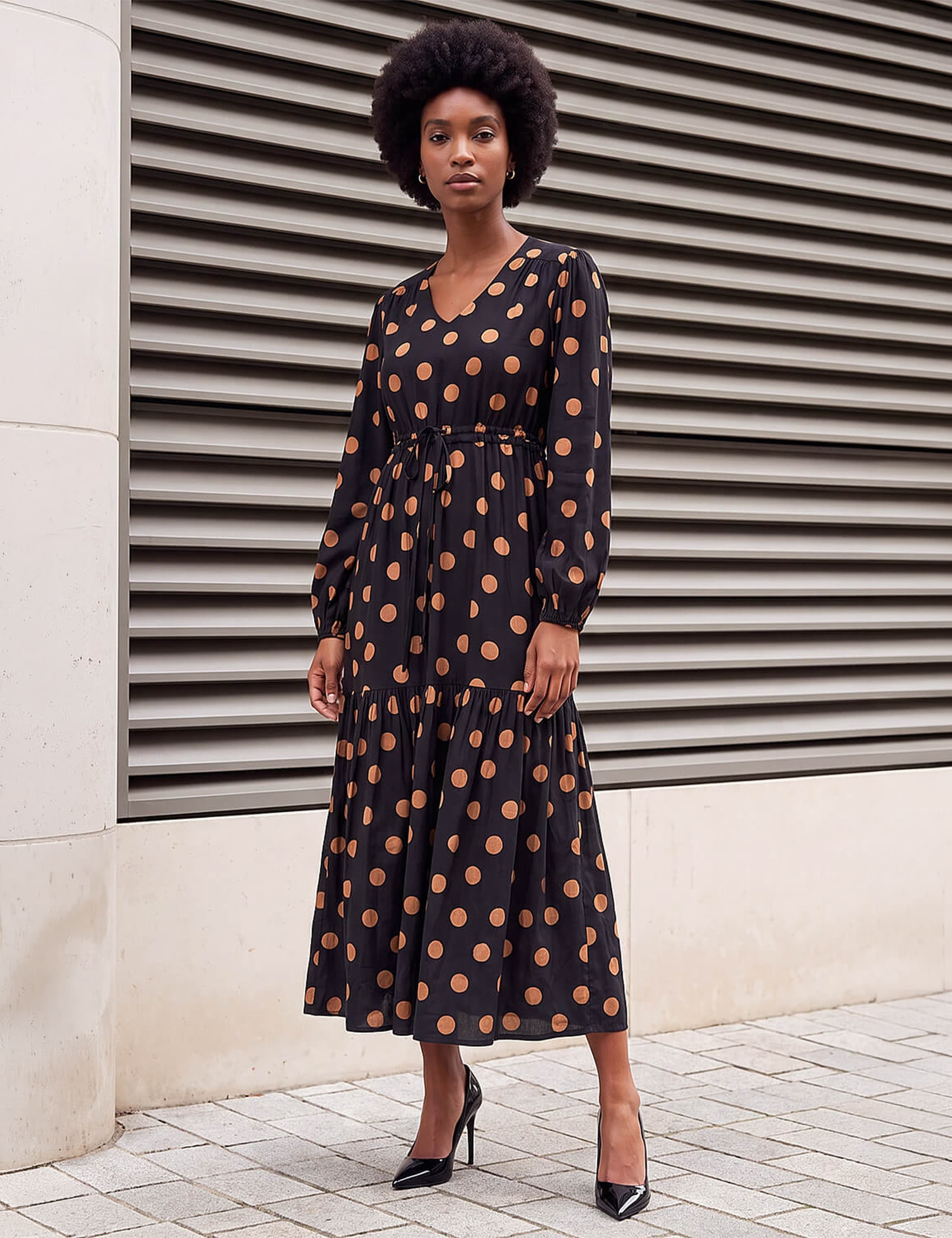 Polka Dot V Neck Tie Waist Midi Dress 3 of 4