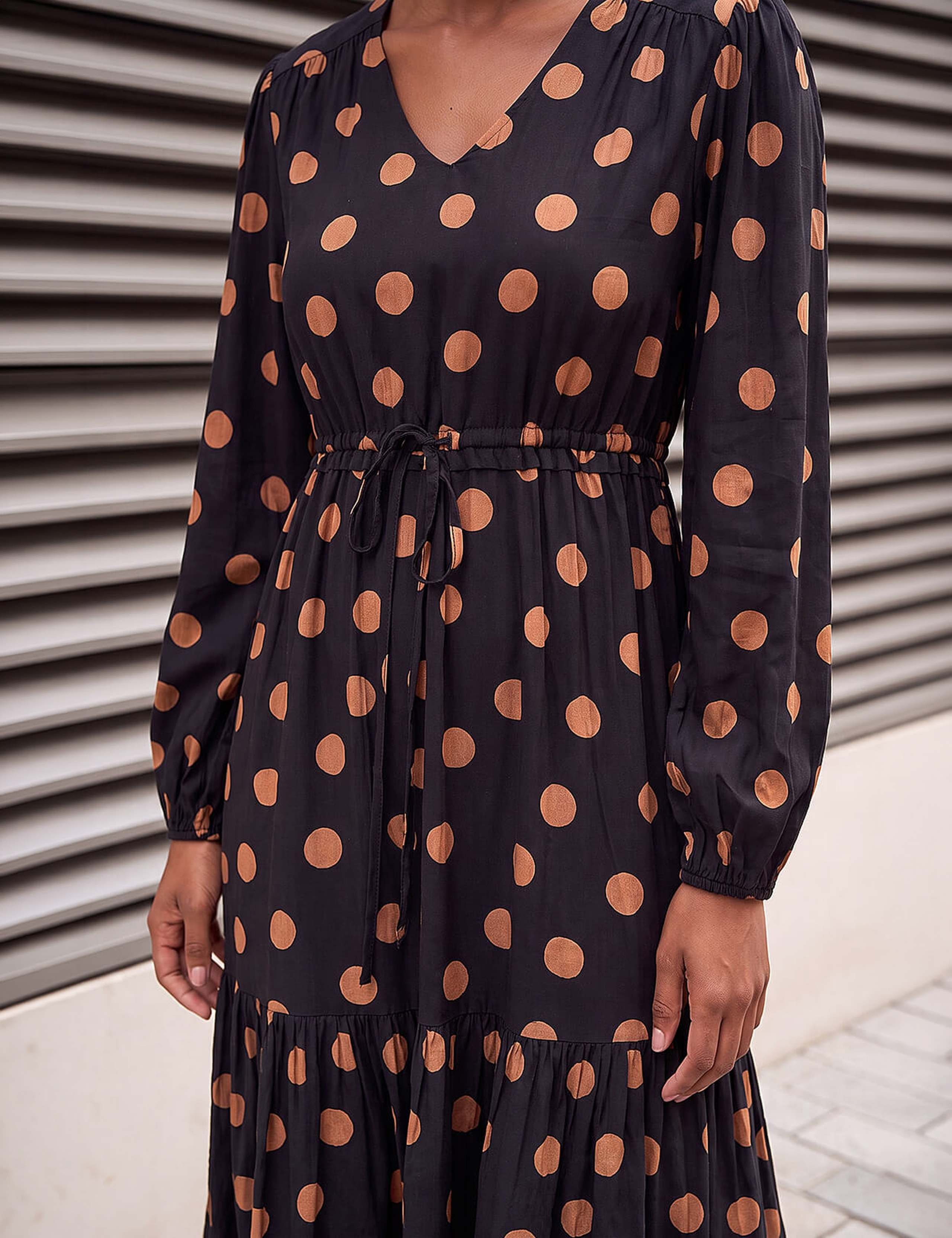 Polka Dot V Neck Tie Waist Midi Dress 4 of 4