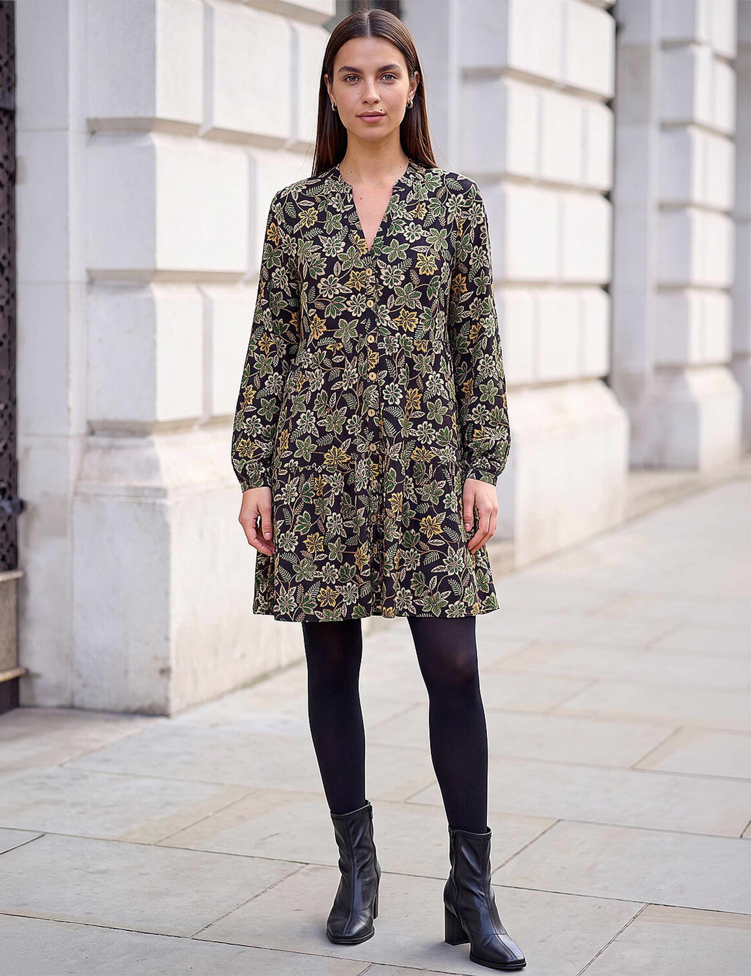 Floral V Neck Button Detail Knee Length Swing Dress 2 of 4