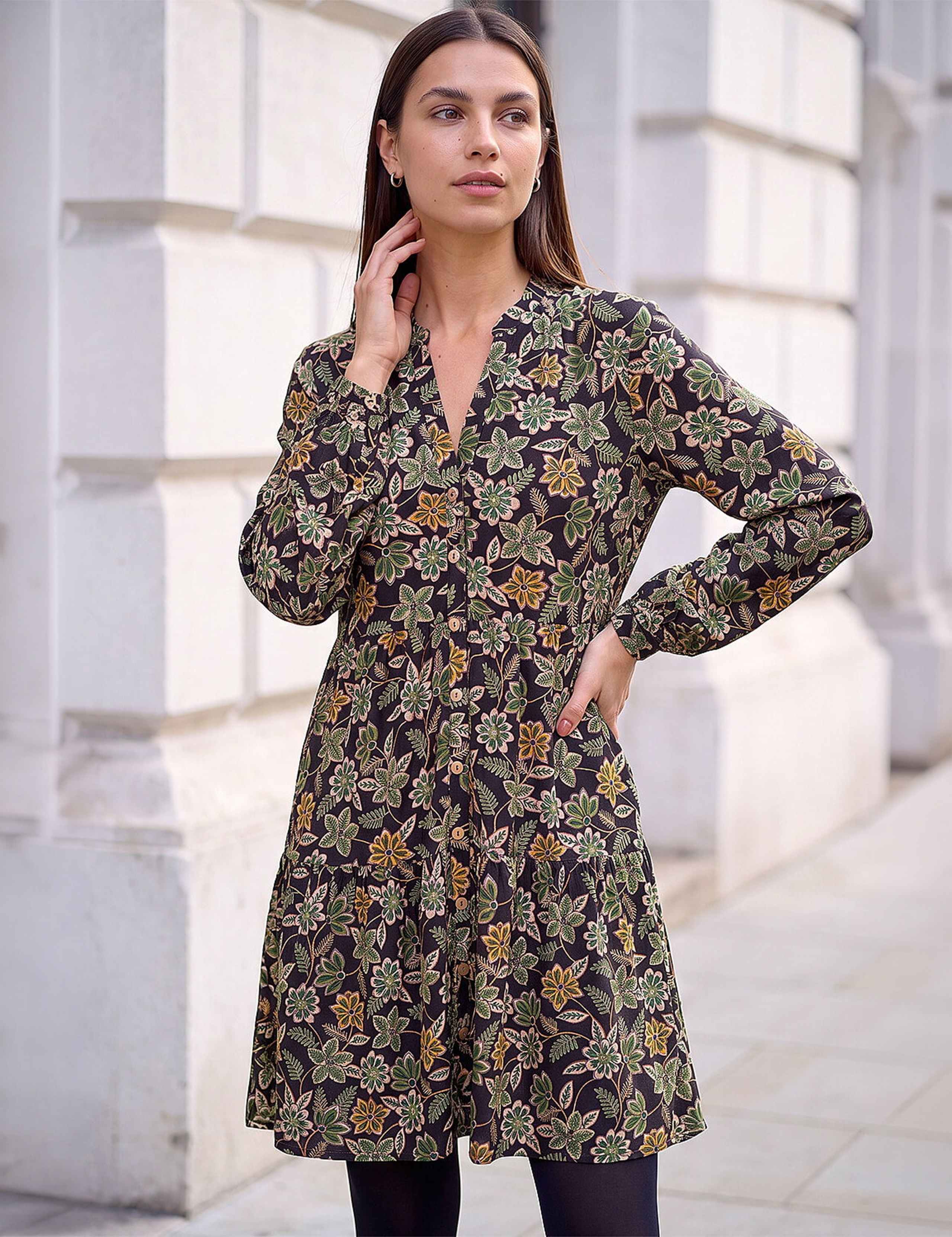 Floral V Neck Button Detail Knee Length Swing Dress 3 of 4