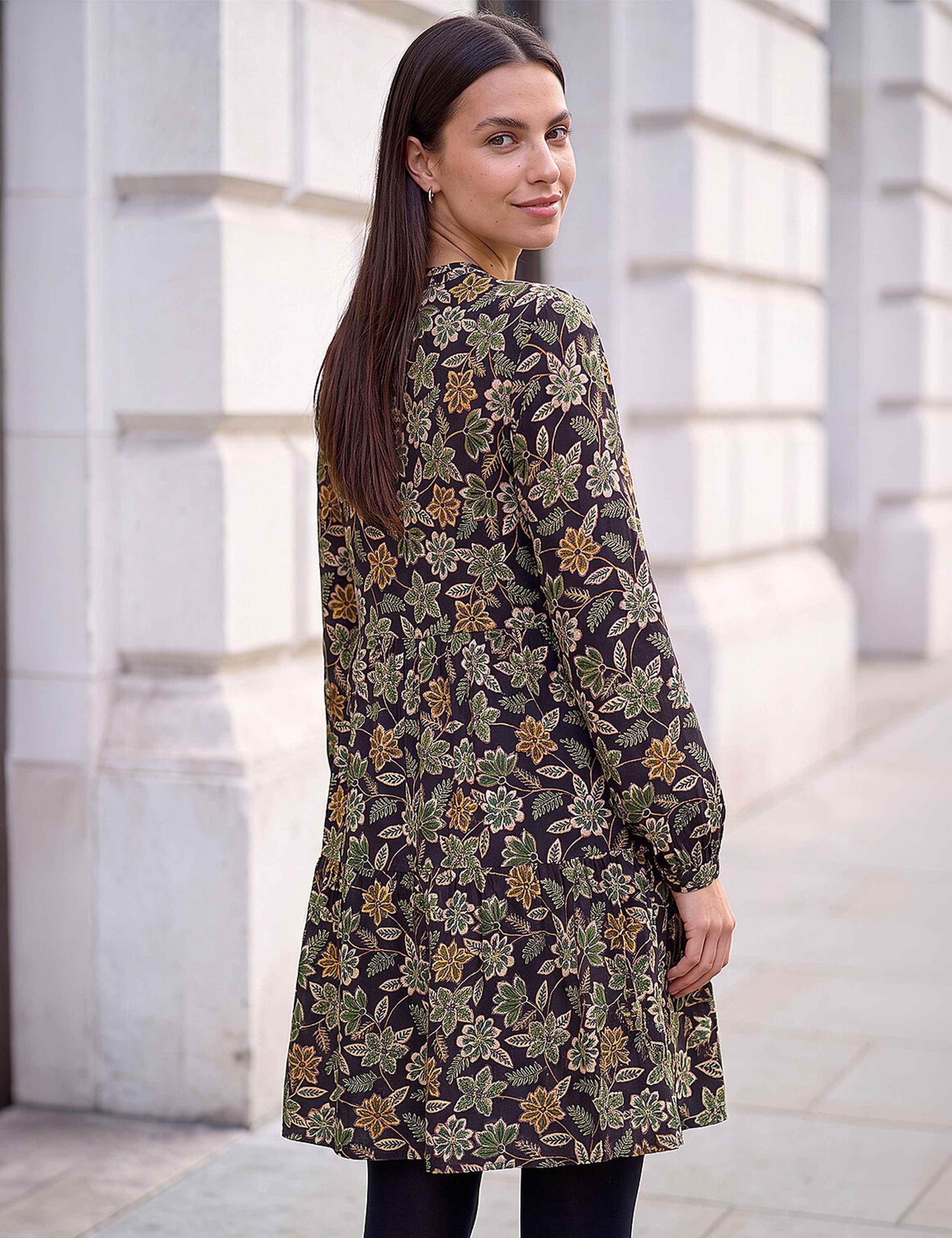 Floral V Neck Button Detail Knee Length Swing Dress 4 of 4