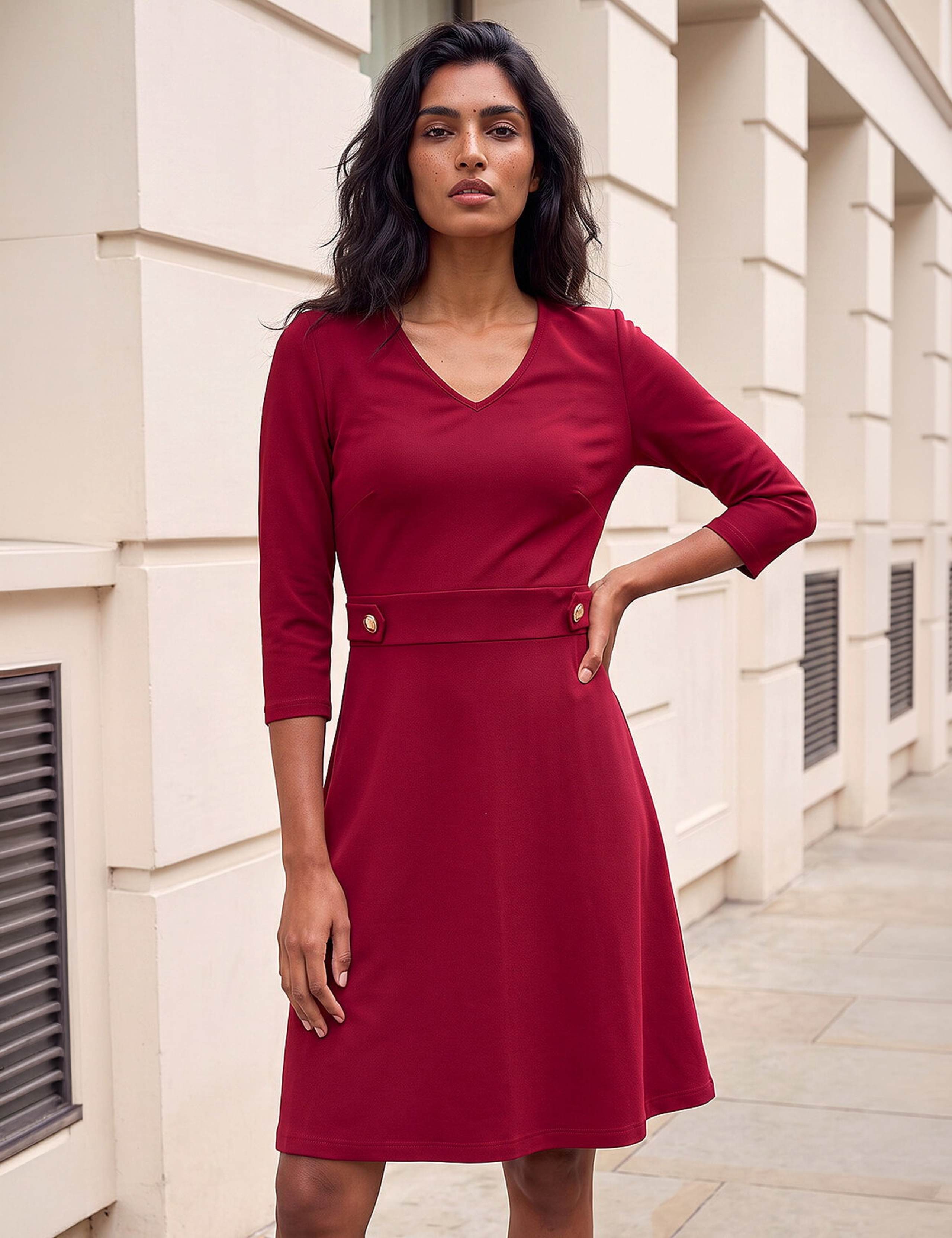 V Neck Button Waist Stretch Dress 1 of 4
