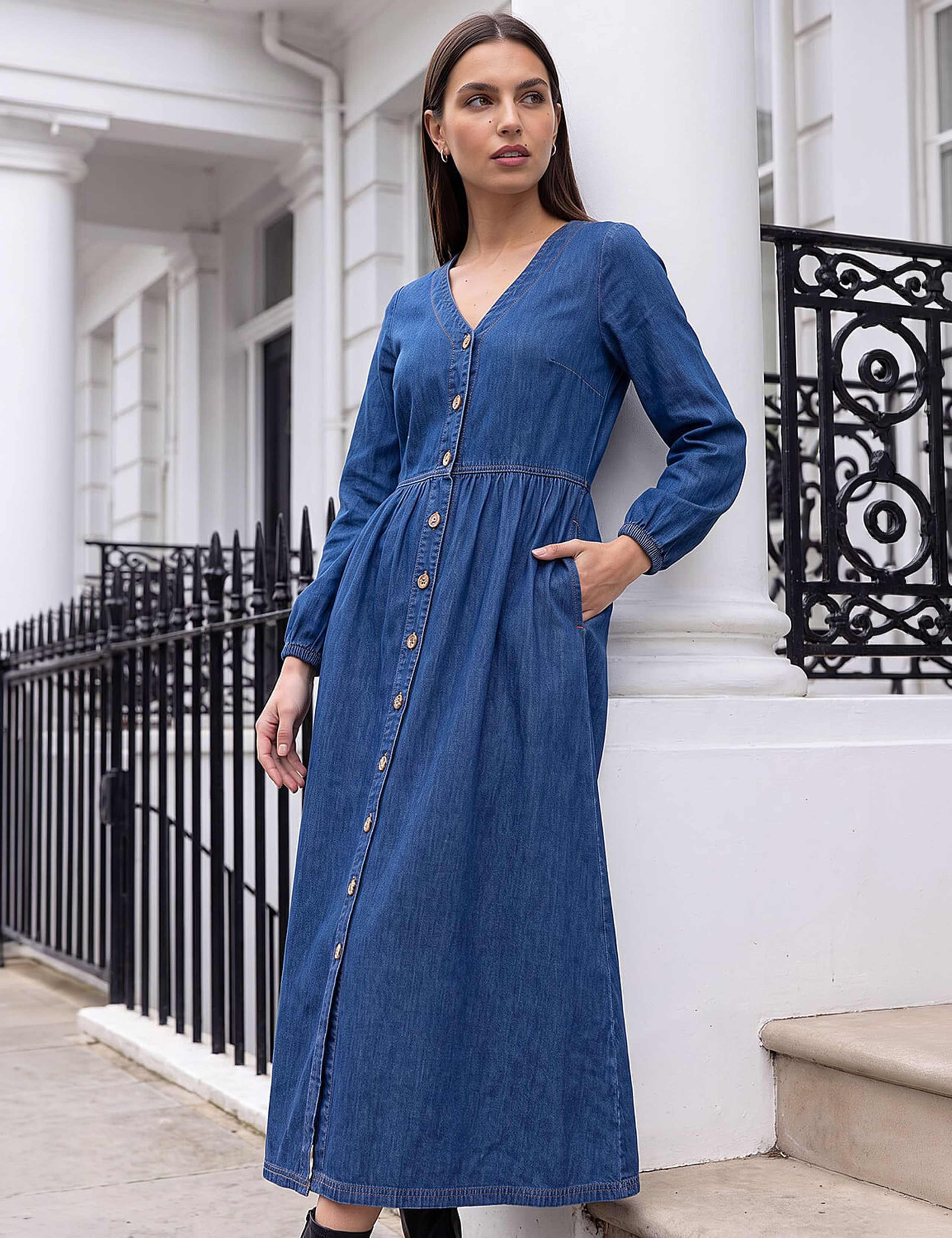 Pure Cotton Denim Button Through Midi Shirt Dress 1 of 4
