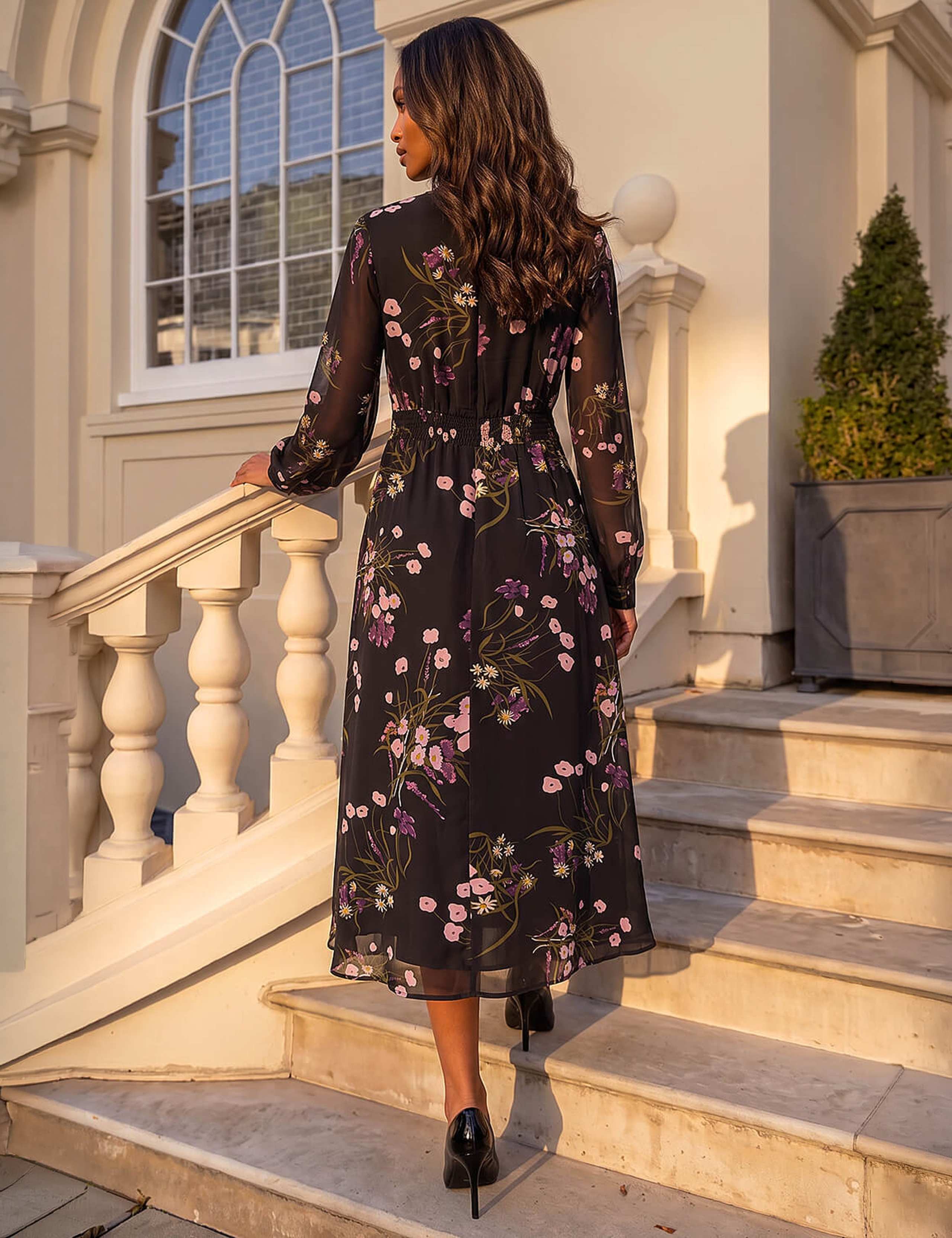 Floral Print Keyhole Long Sleeve Midi Dress 3 of 4