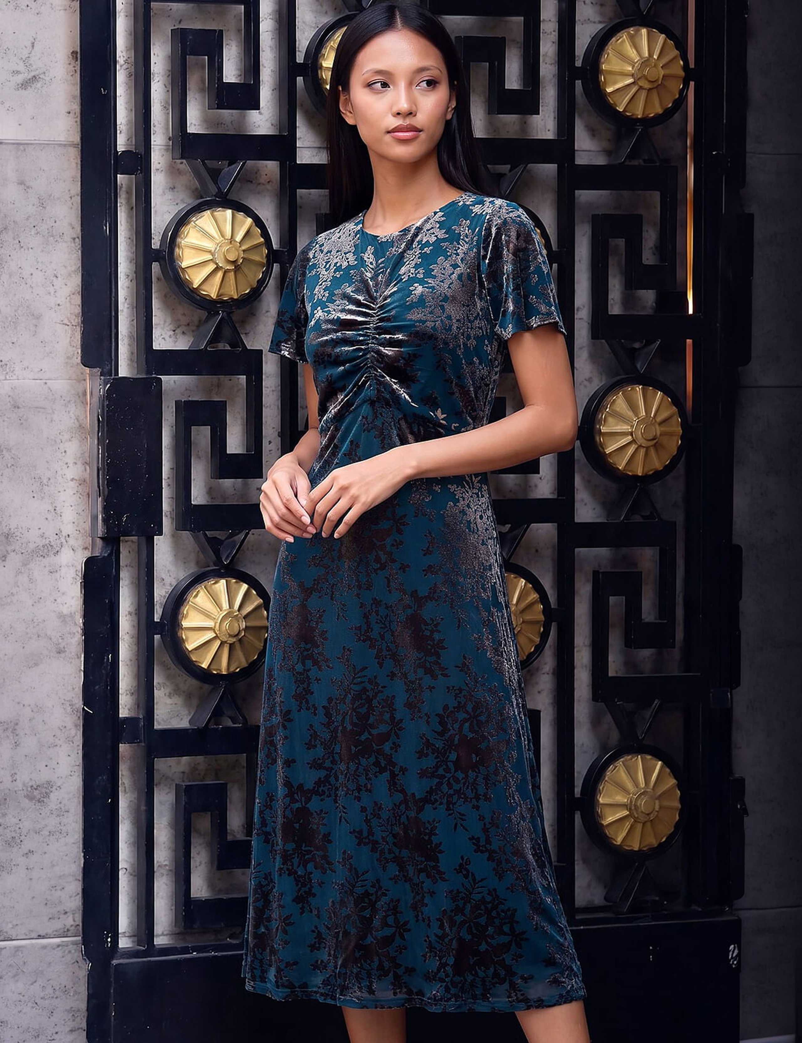 Petite Devore Ruched Midi Dress 2 of 4
