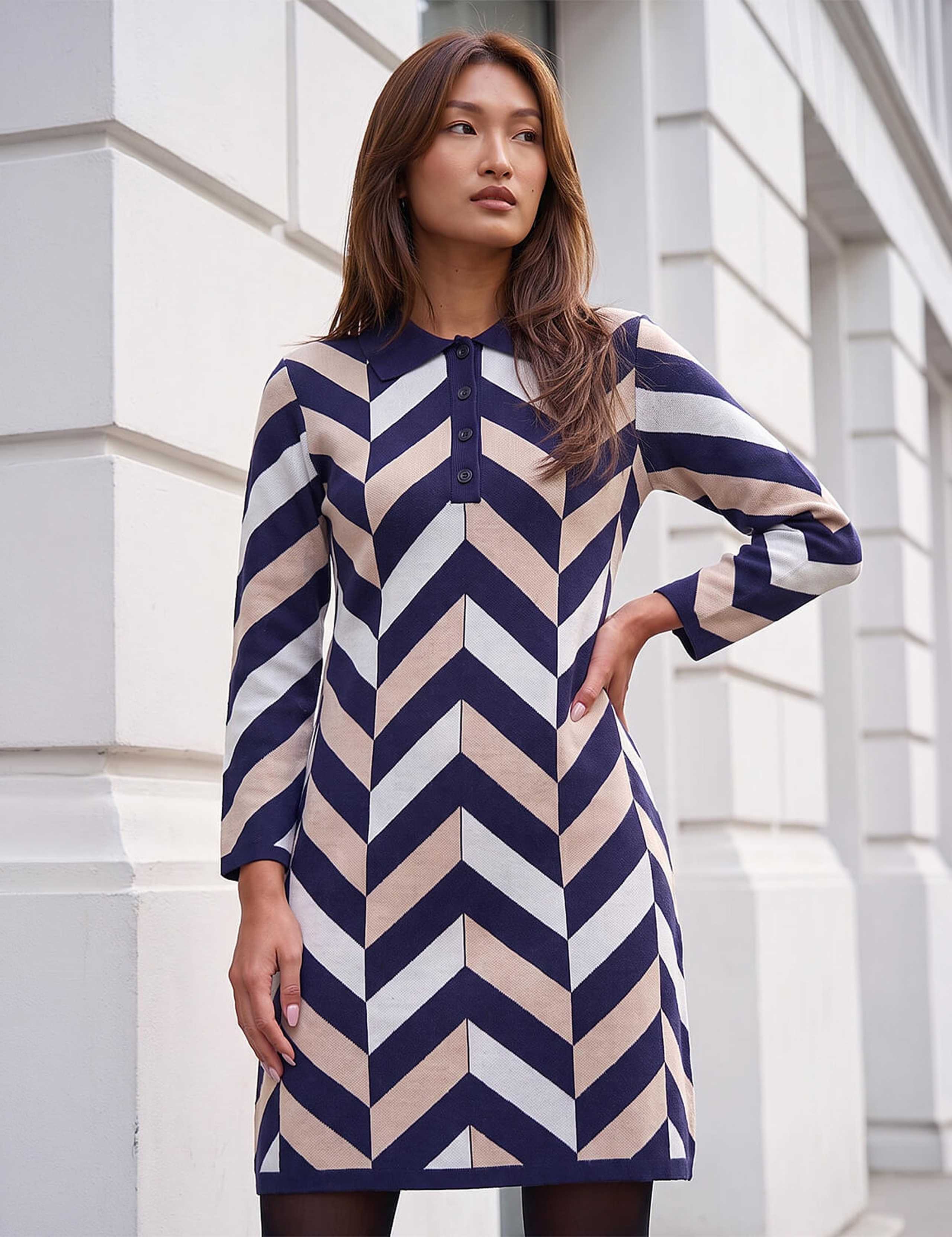 Chevron Print Collared Knit Dress 1 of 4