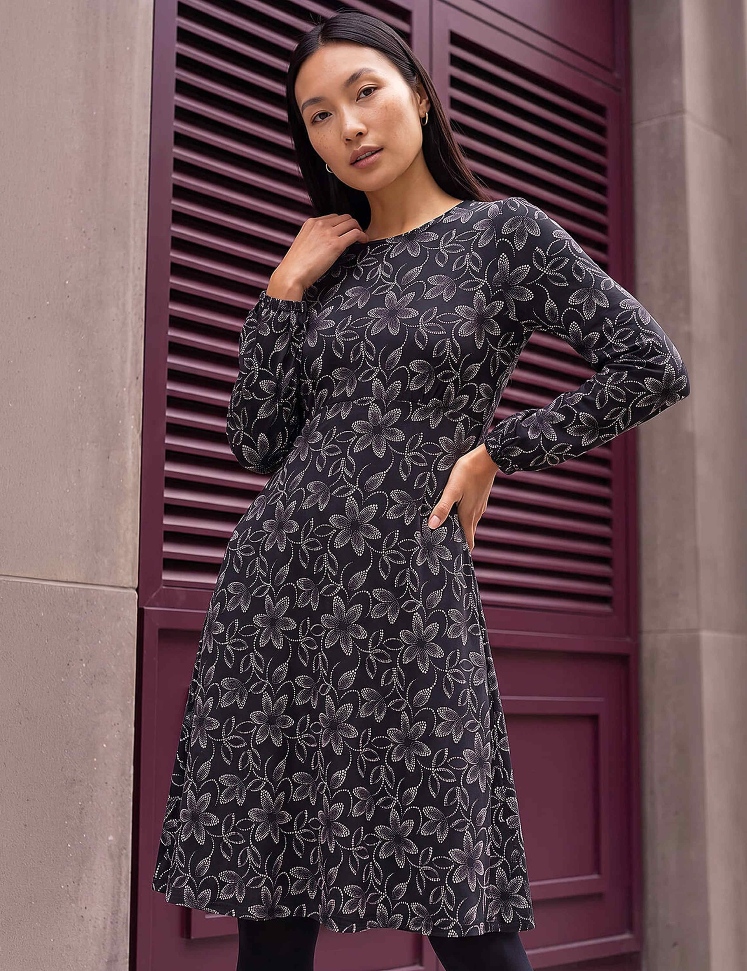 Floral Print Frill Knee Length Dress 1 of 4