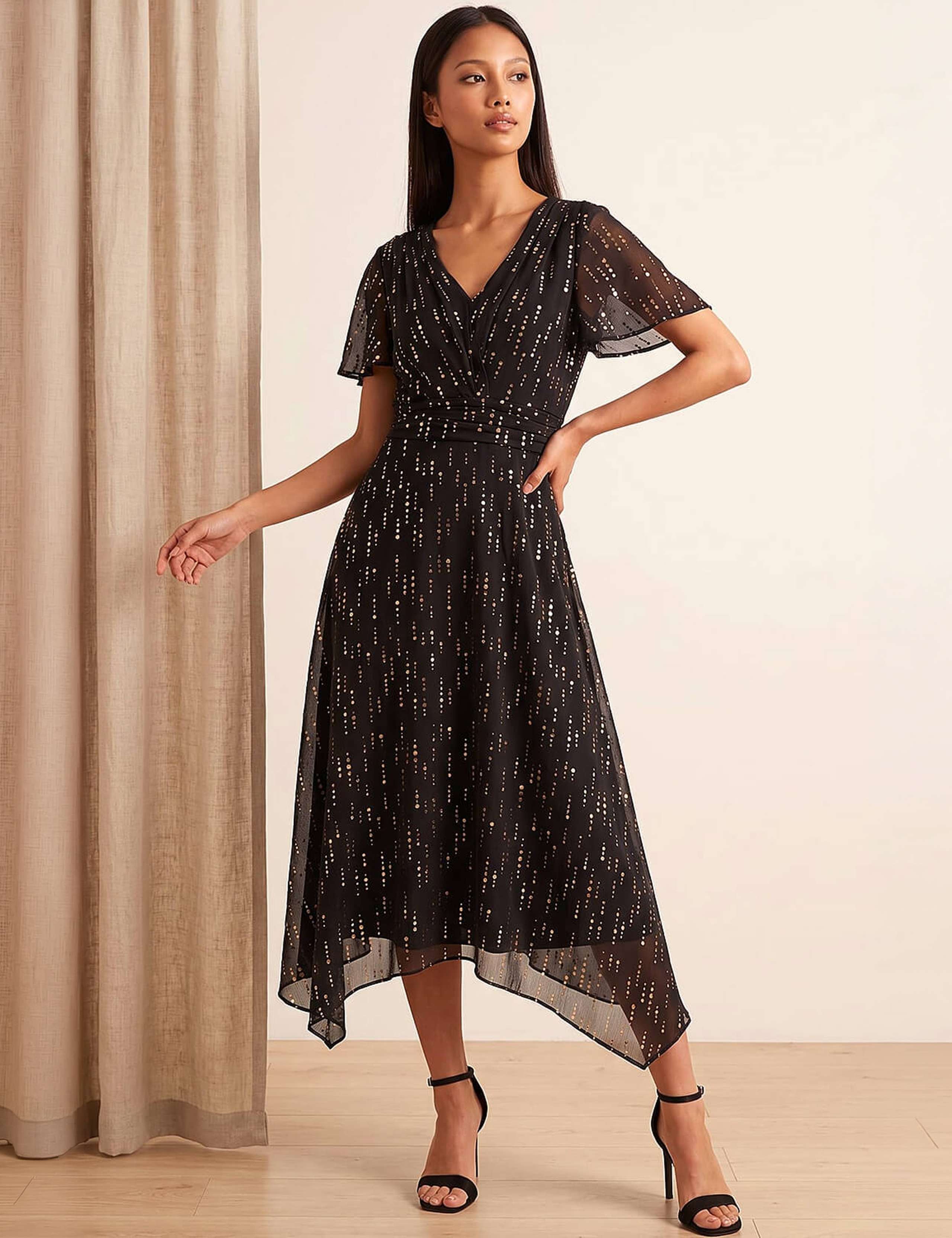 Foil Print V Neck Midi Dress 2 of 4