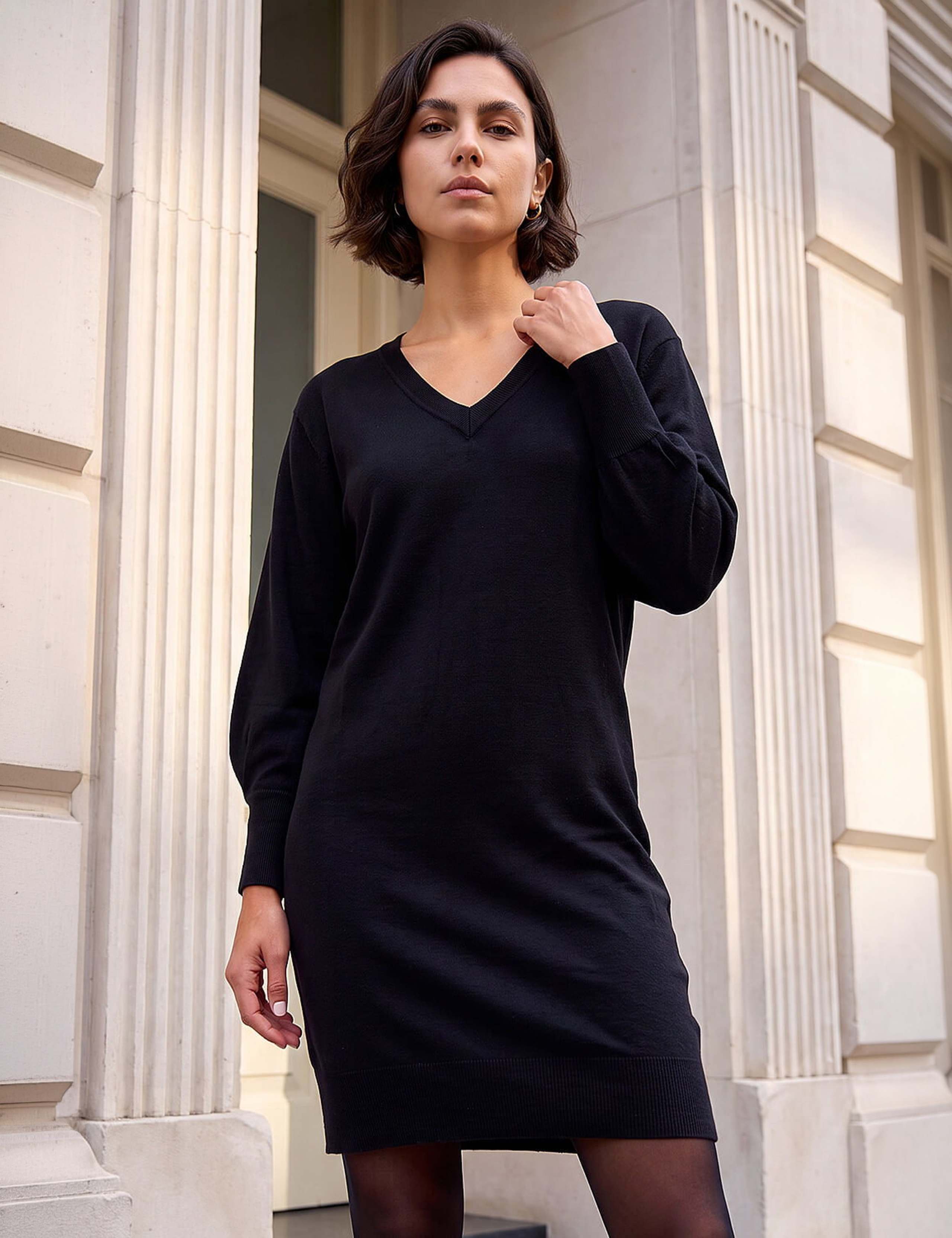 V Neck Blouson Sleeve Knee Length Jumper Dress 1 of 4