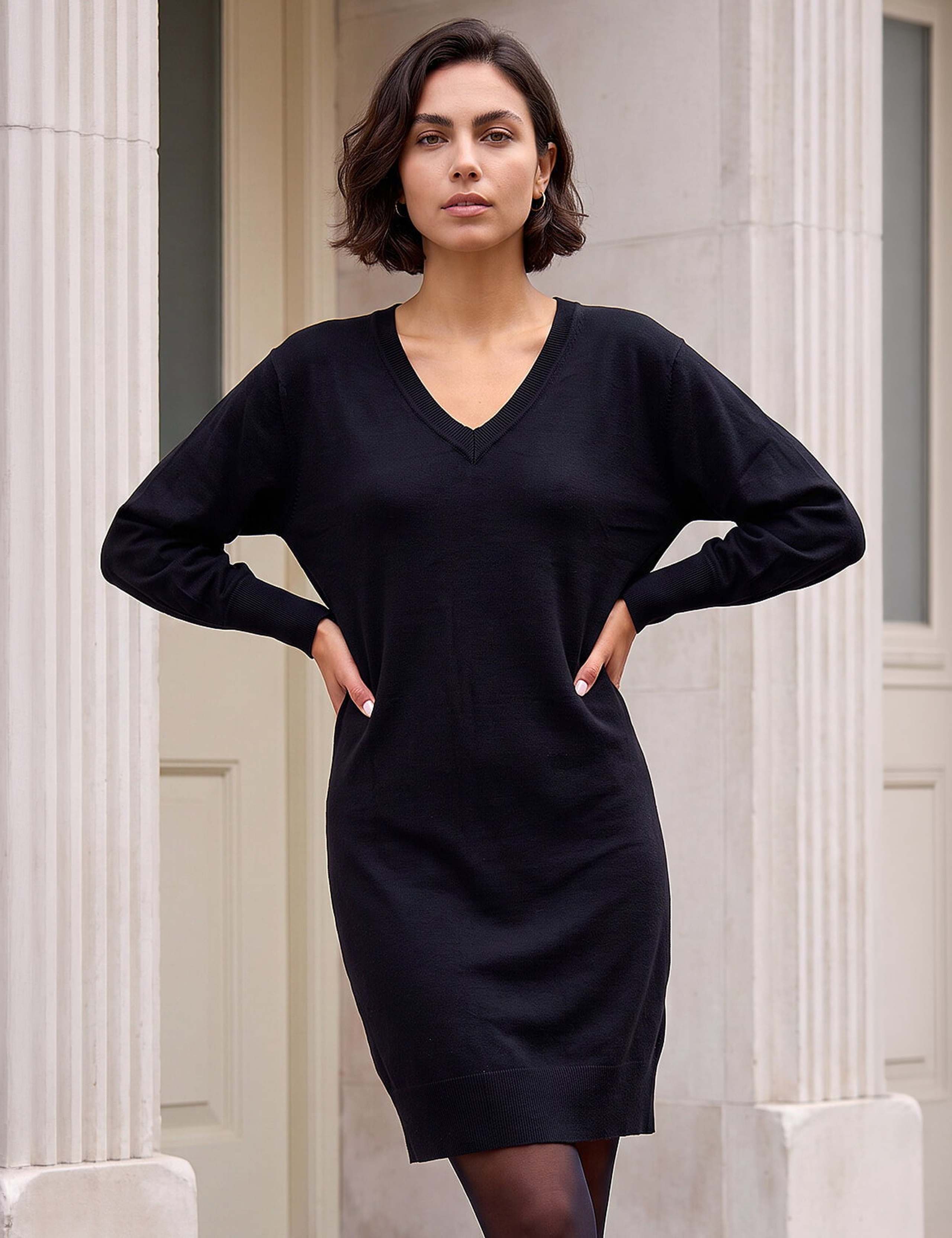 V Neck Blouson Sleeve Knee Length Jumper Dress 2 of 4
