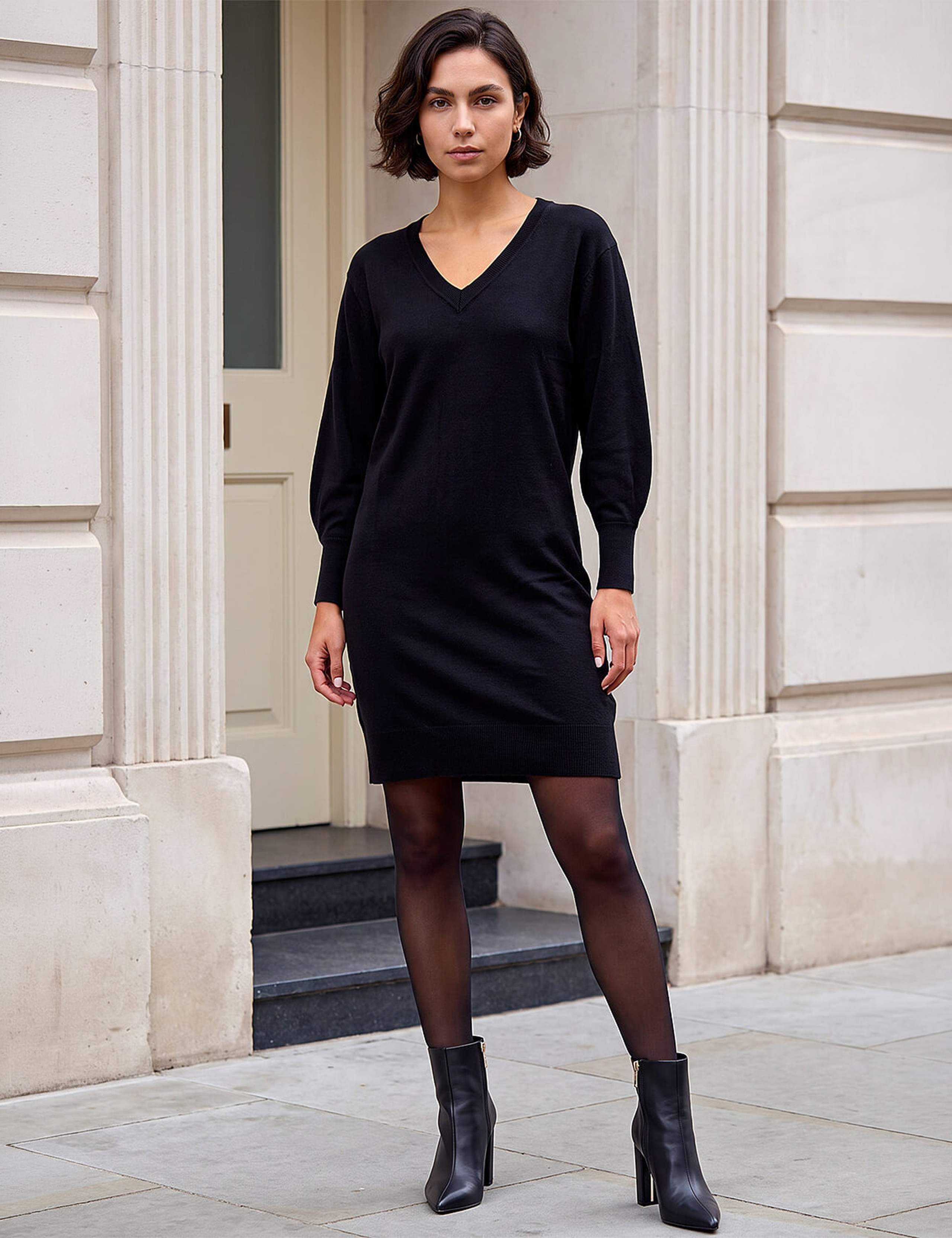 V Neck Blouson Sleeve Knee Length Jumper Dress 4 of 4