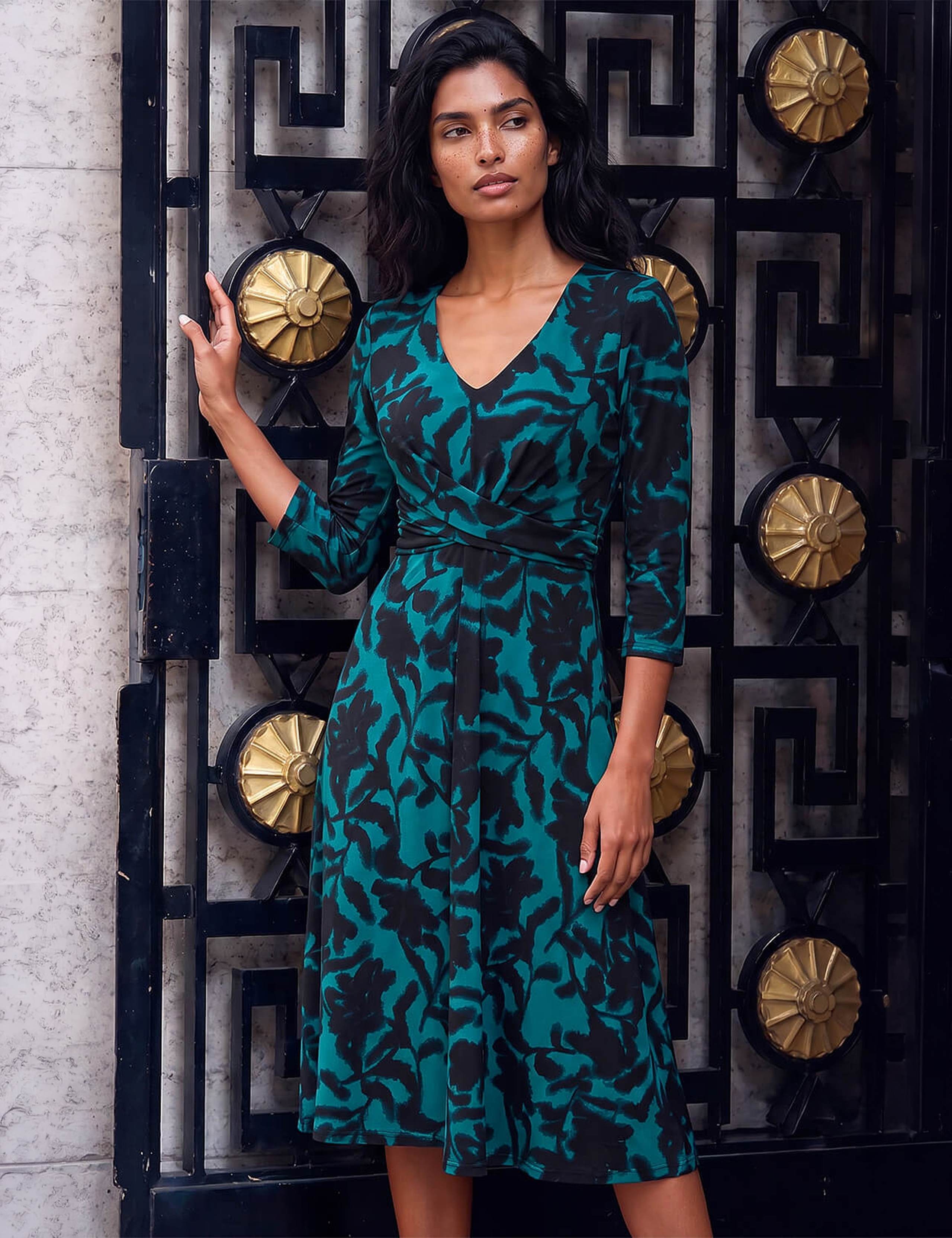 Floral Print V Neck Wrap Midi Dress 1 of 4