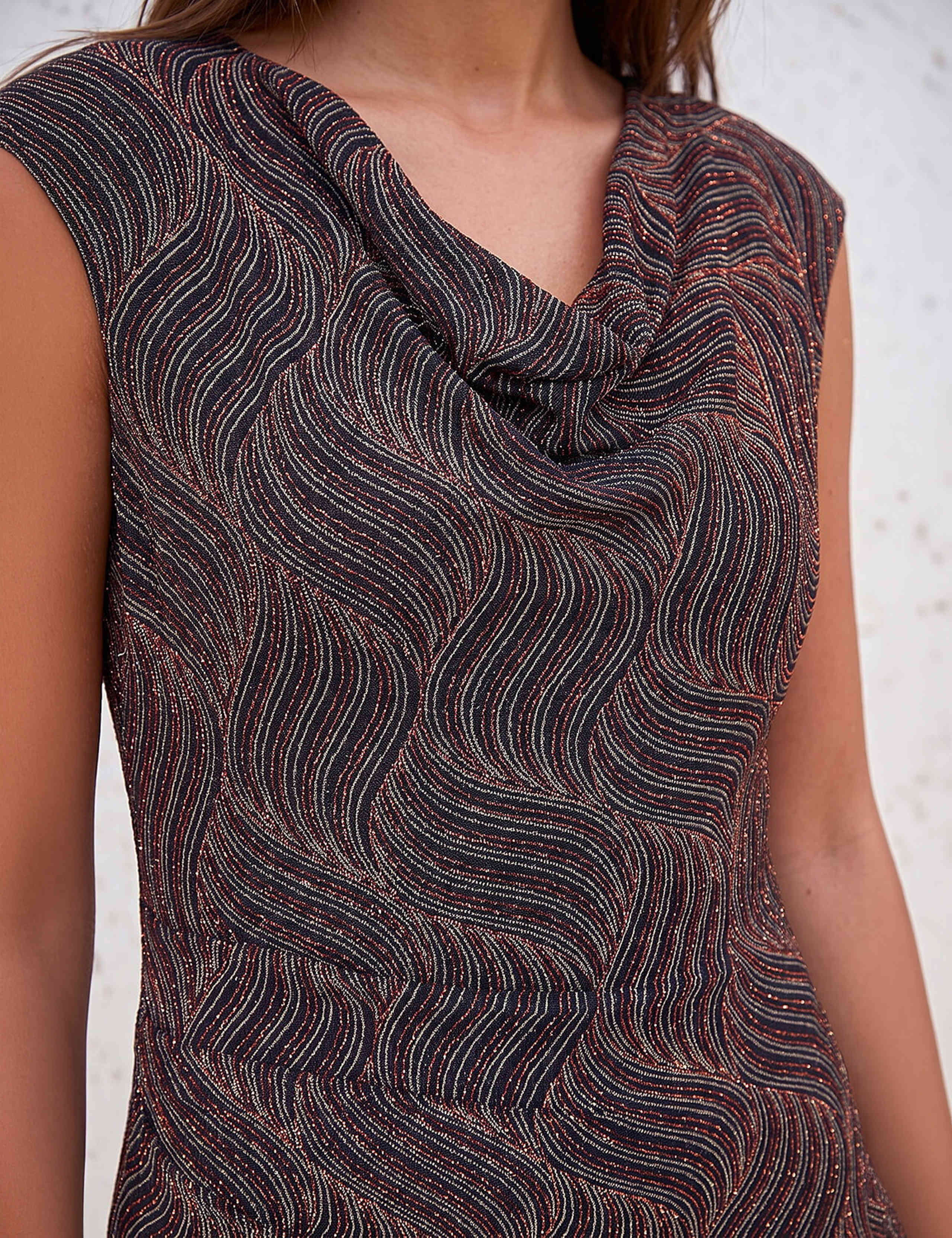 Metallic Cowl Neck Pleated Knee Length Dress 4 of 4