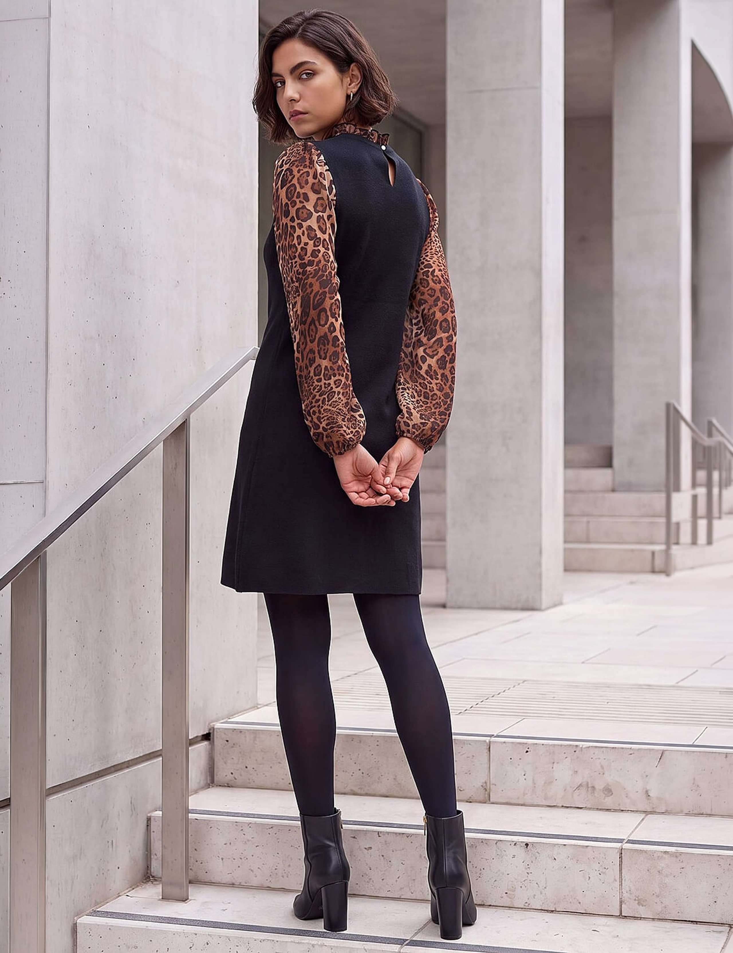 Animal Print Knitted Frill Detail Knee Length Dress 2 of 4