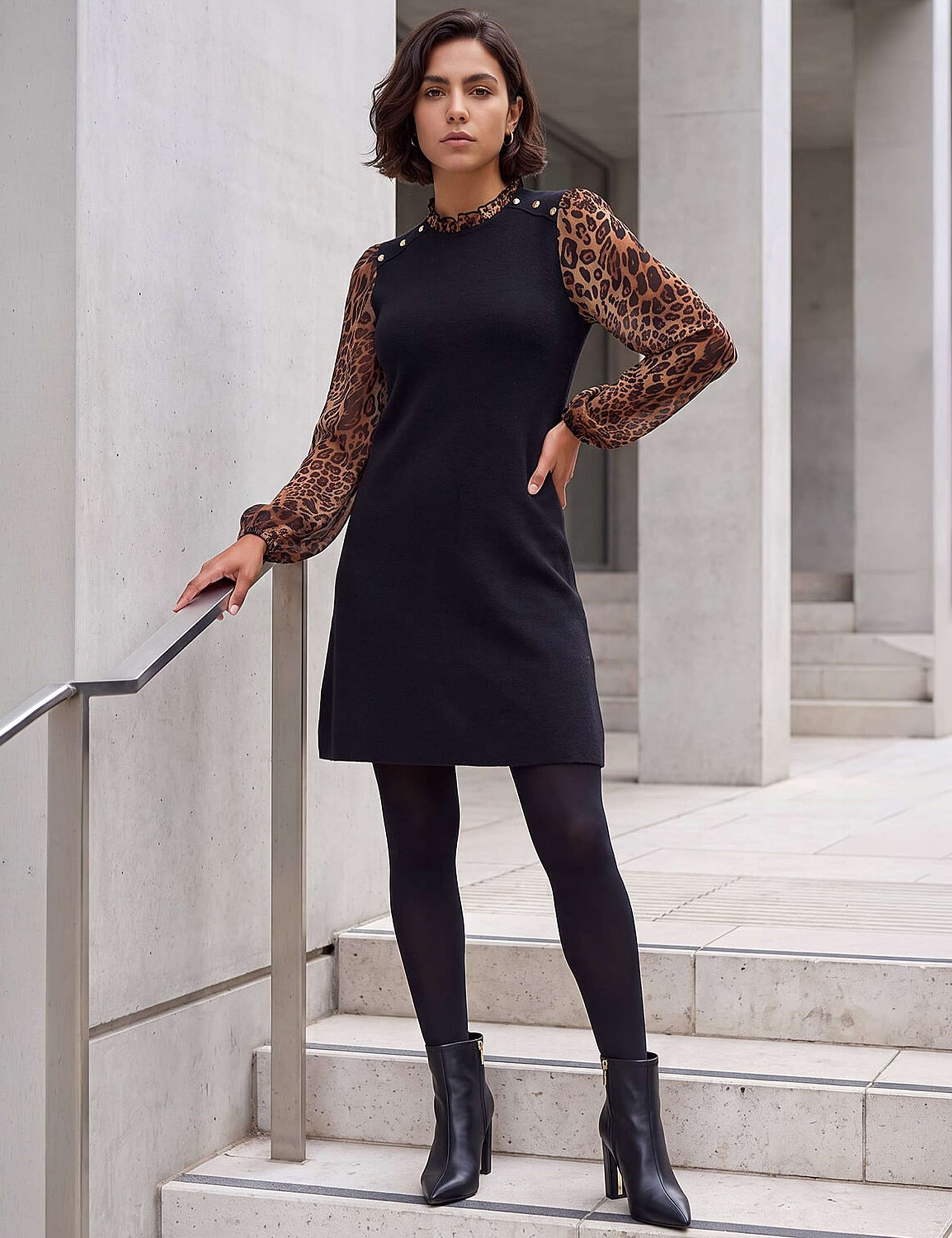Animal Print Knitted Frill Detail Knee Length Dress 3 of 4