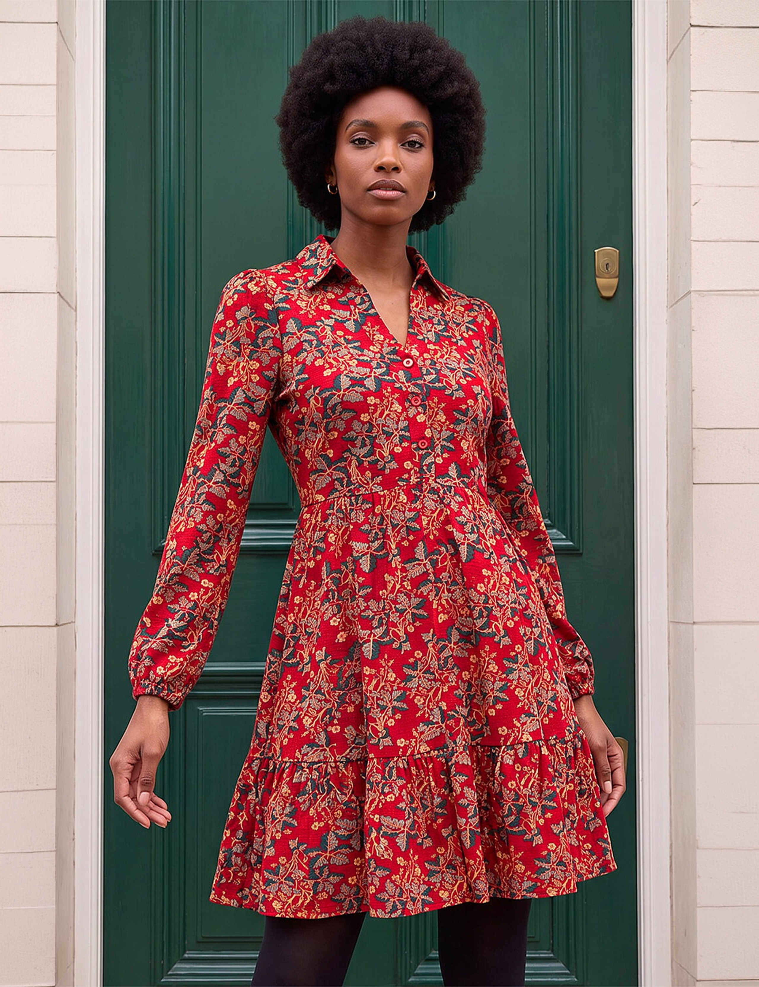 Floral V Neck Collared Button Detail Knee Length Dress 1 of 4