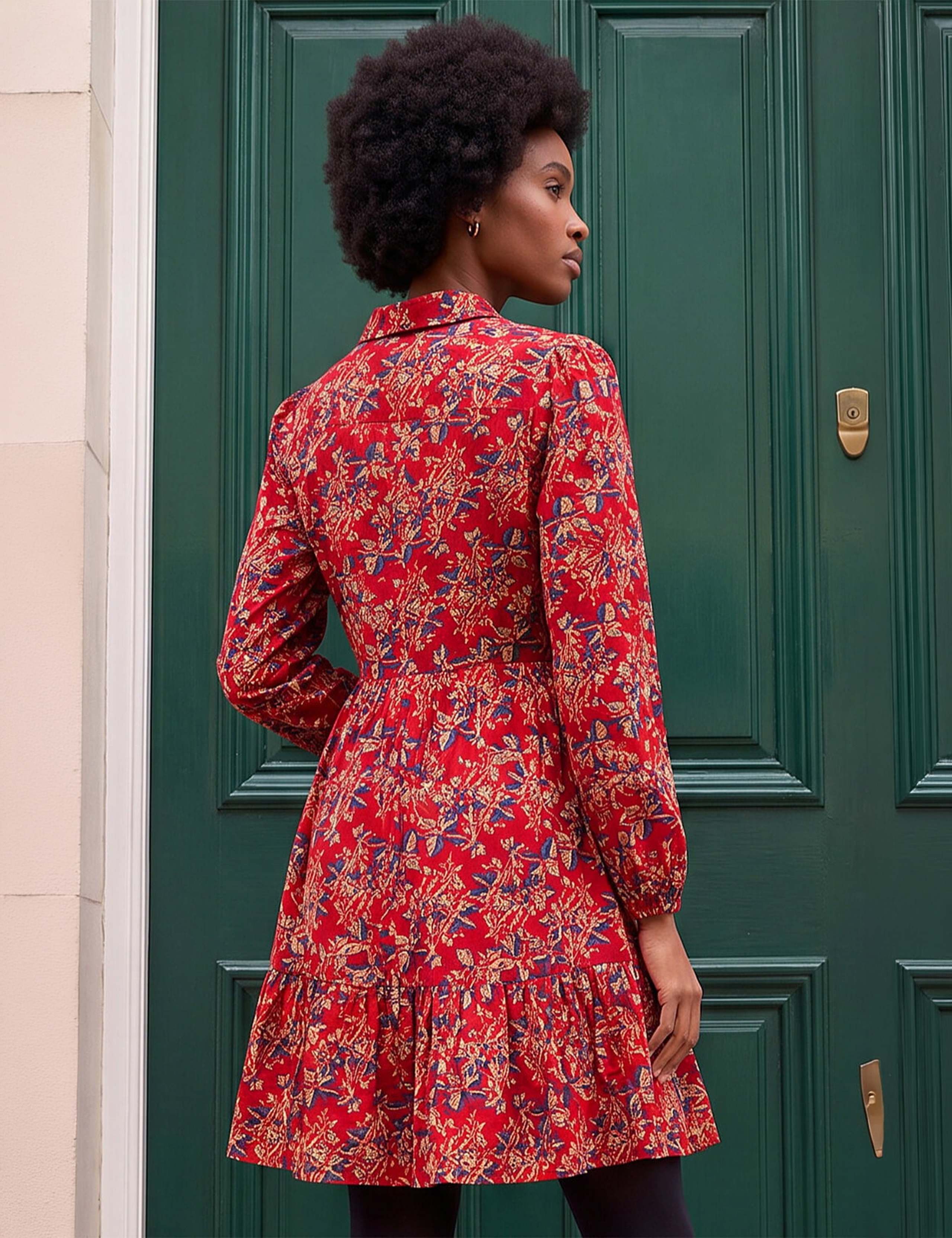 Floral V Neck Collared Button Detail Knee Length Dress 2 of 4