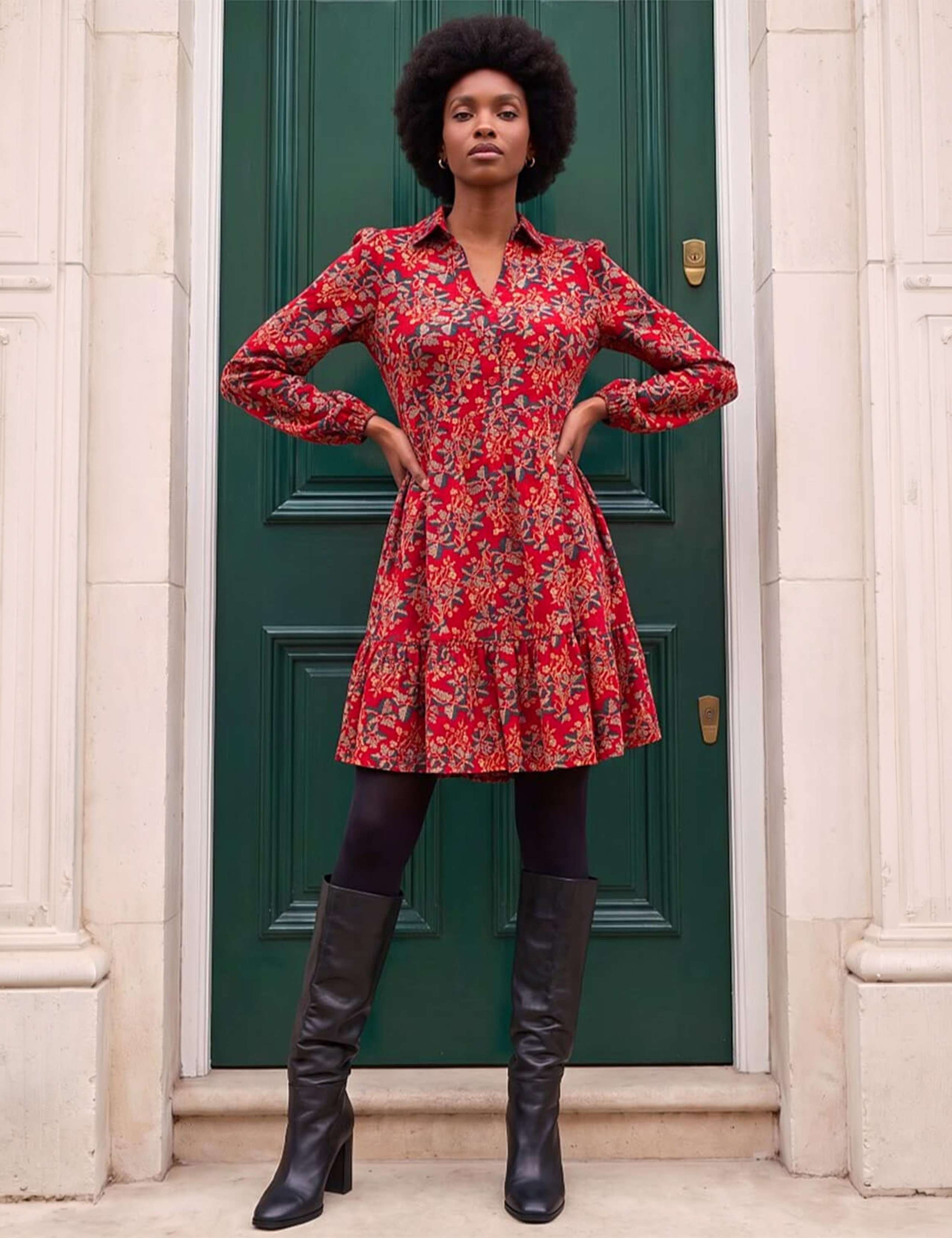 Floral V Neck Collared Button Detail Knee Length Dress 3 of 4