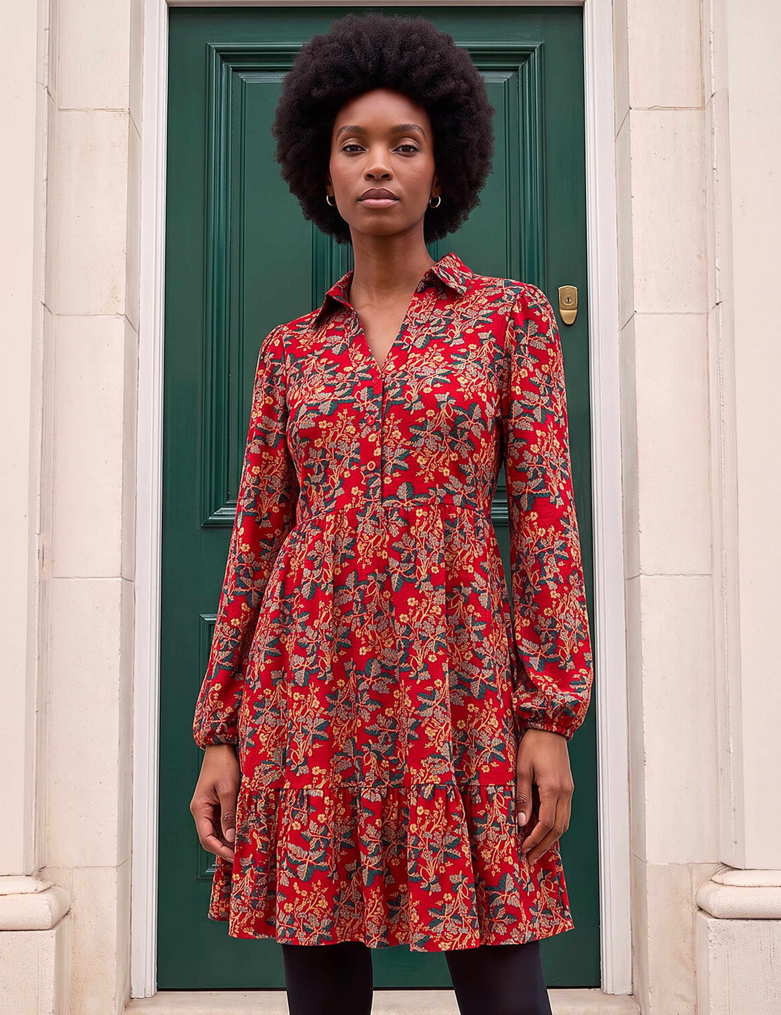 Floral V Neck Collared Button Detail Knee Length Dress 4 of 4