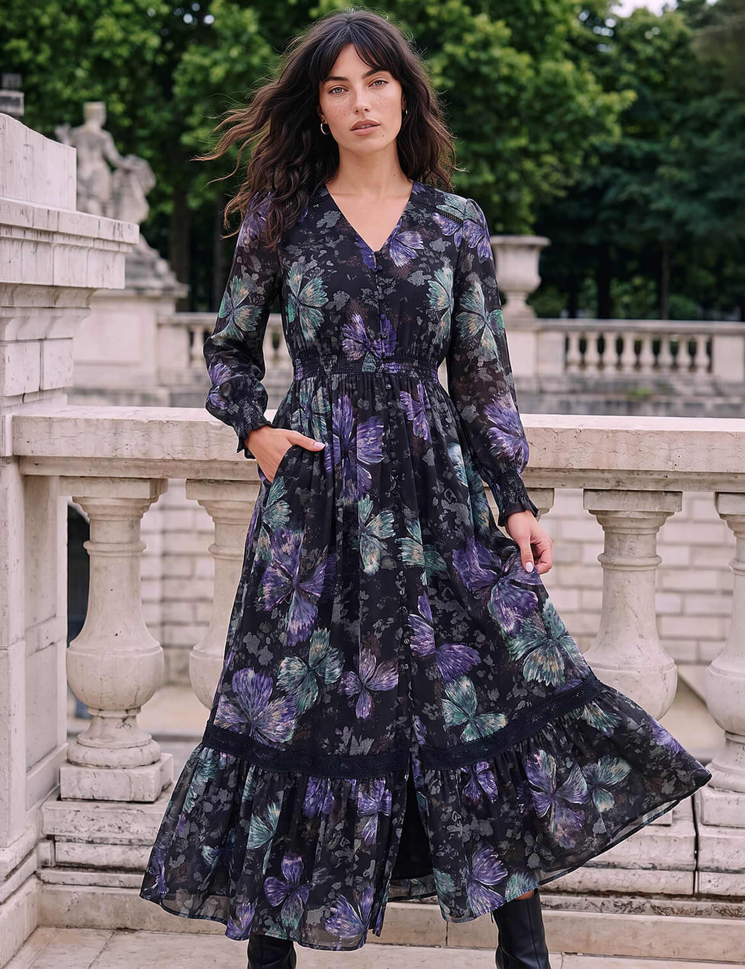 Butterfly Print Lace Trim Button Through Midi Dress 1 of 4