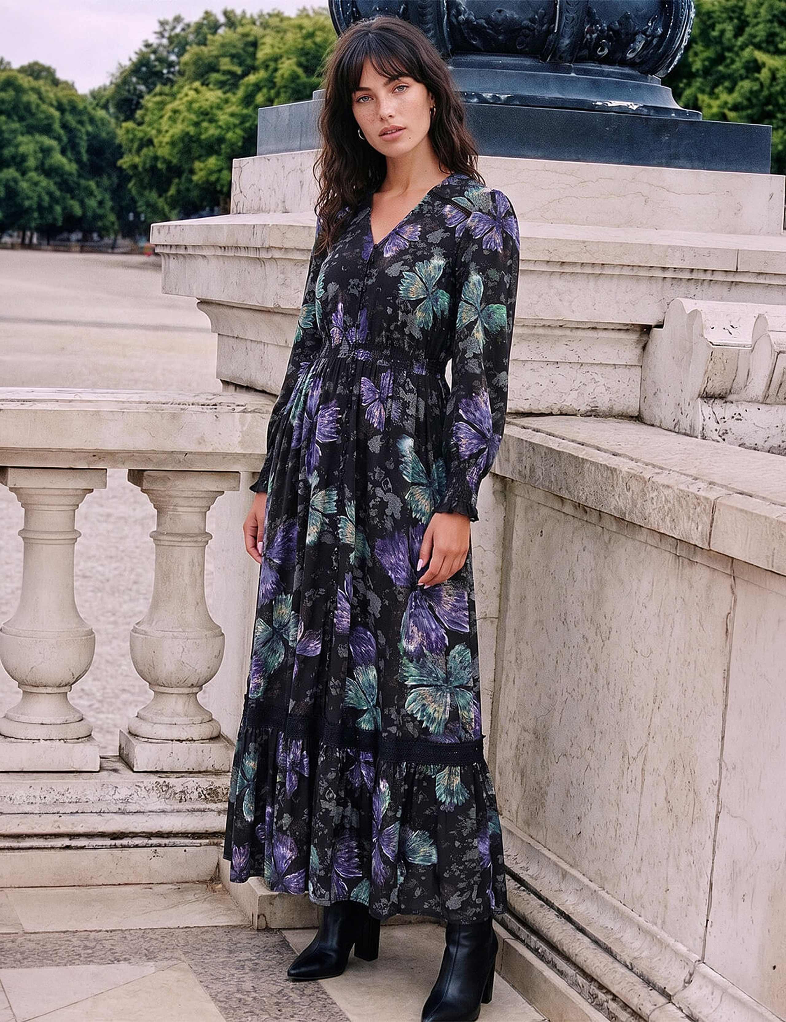 Butterfly Print Lace Trim Button Through Midi Dress 2 of 4