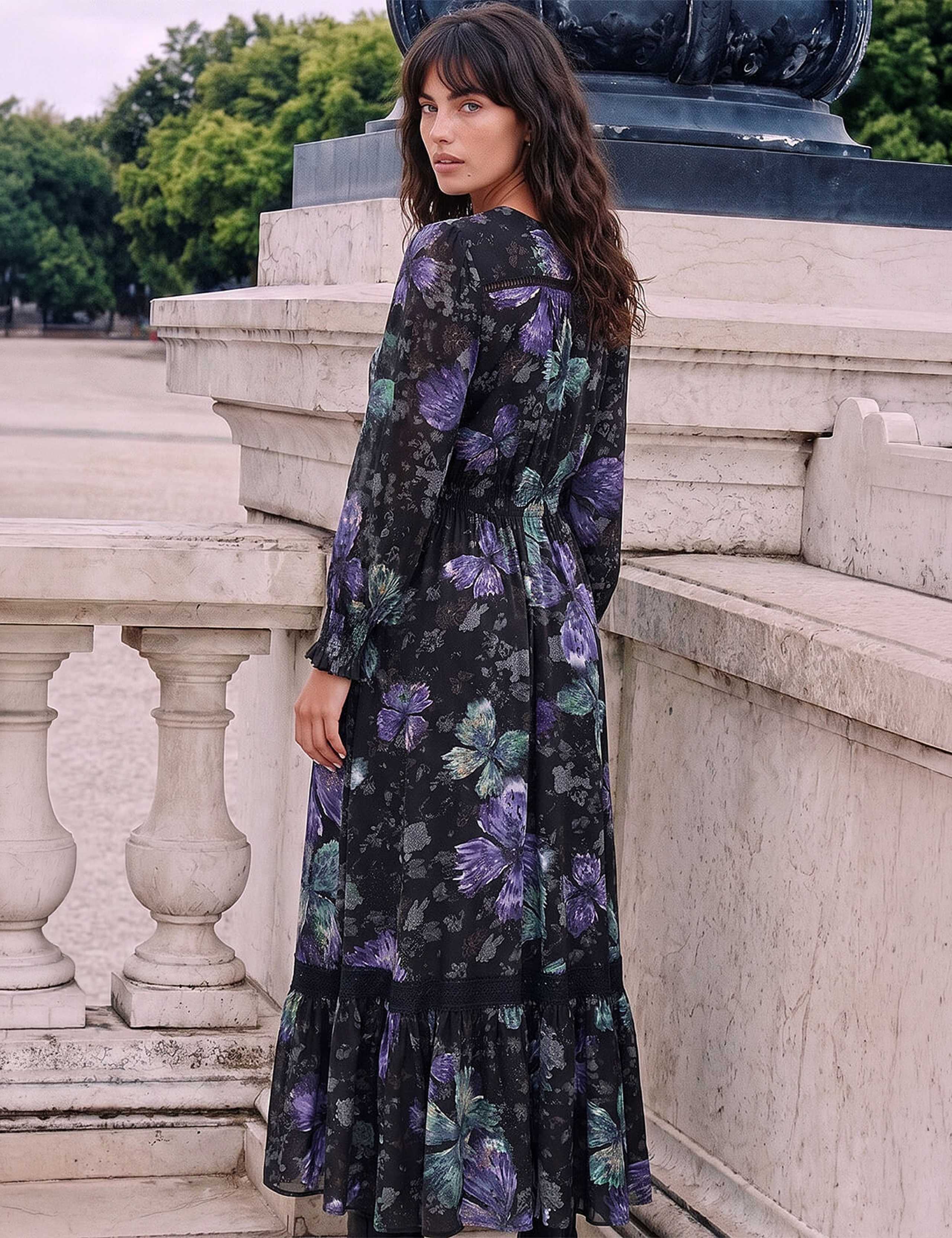 Butterfly Print Lace Trim Button Through Midi Dress 3 of 4