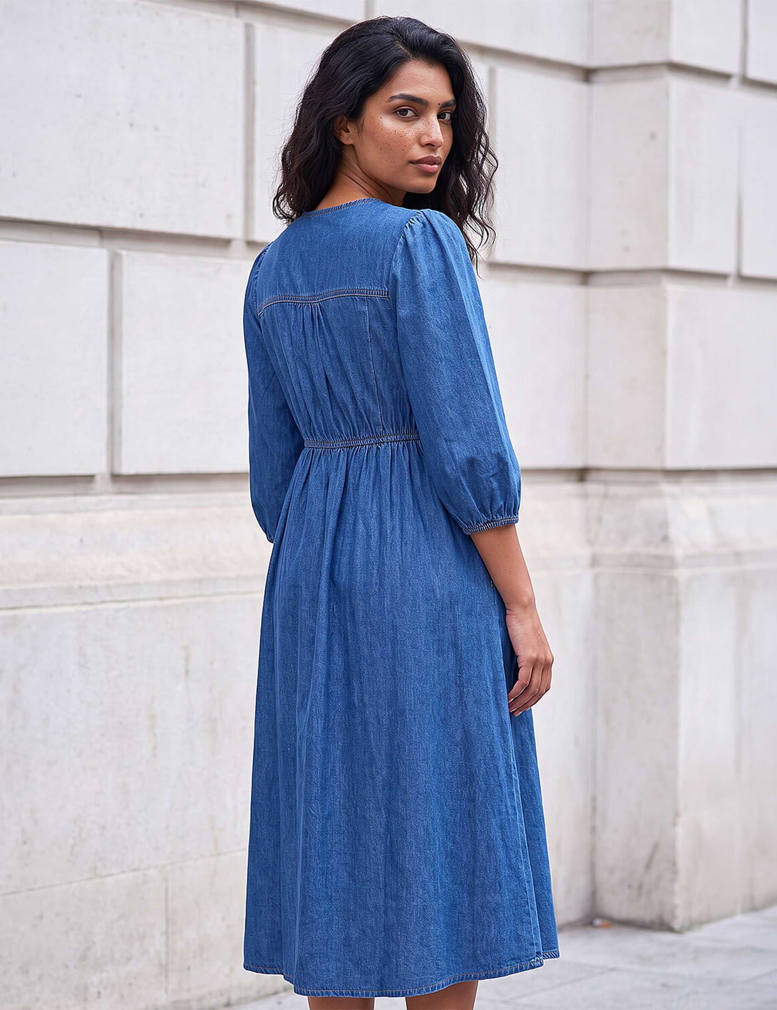 Denim Scoop Neck Button Detail Midi Dress 2 of 4