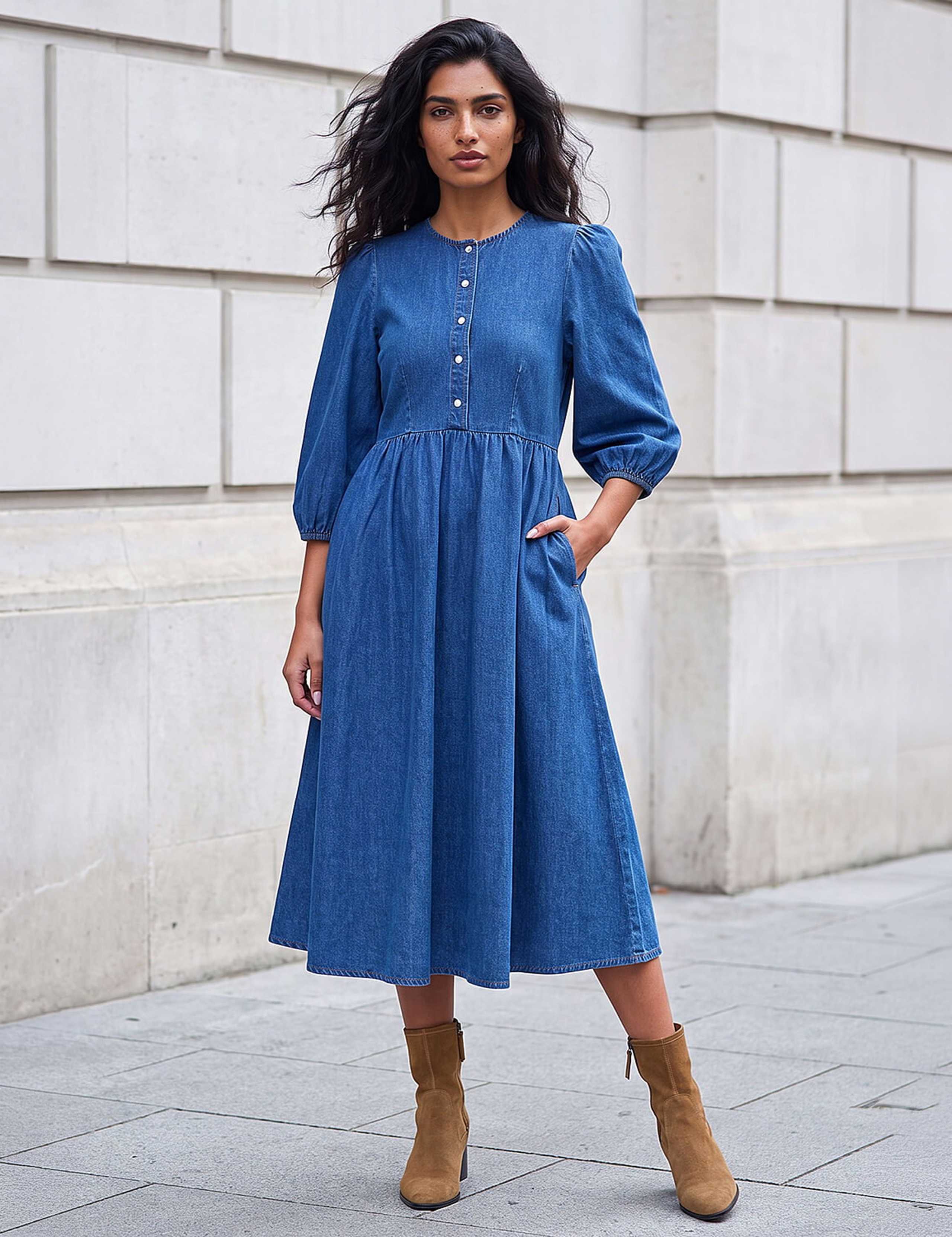 Denim Scoop Neck Button Detail Midi Dress 3 of 4